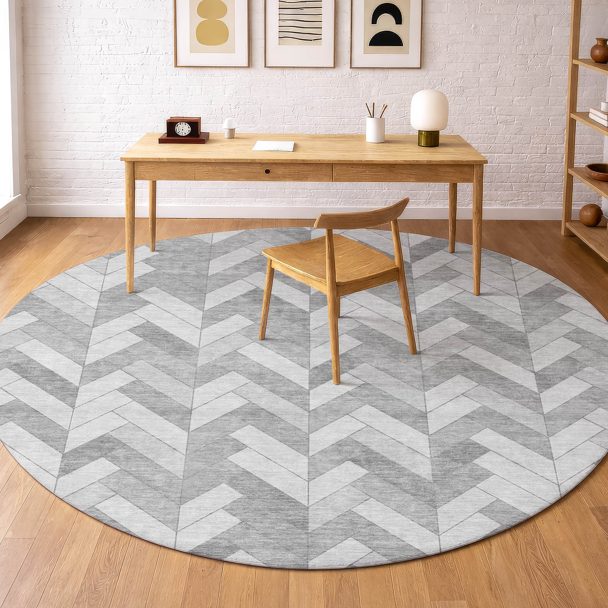 Bangkok Machine Washable Transitional Silver Gray Rug 8' x 8' #shape_Round