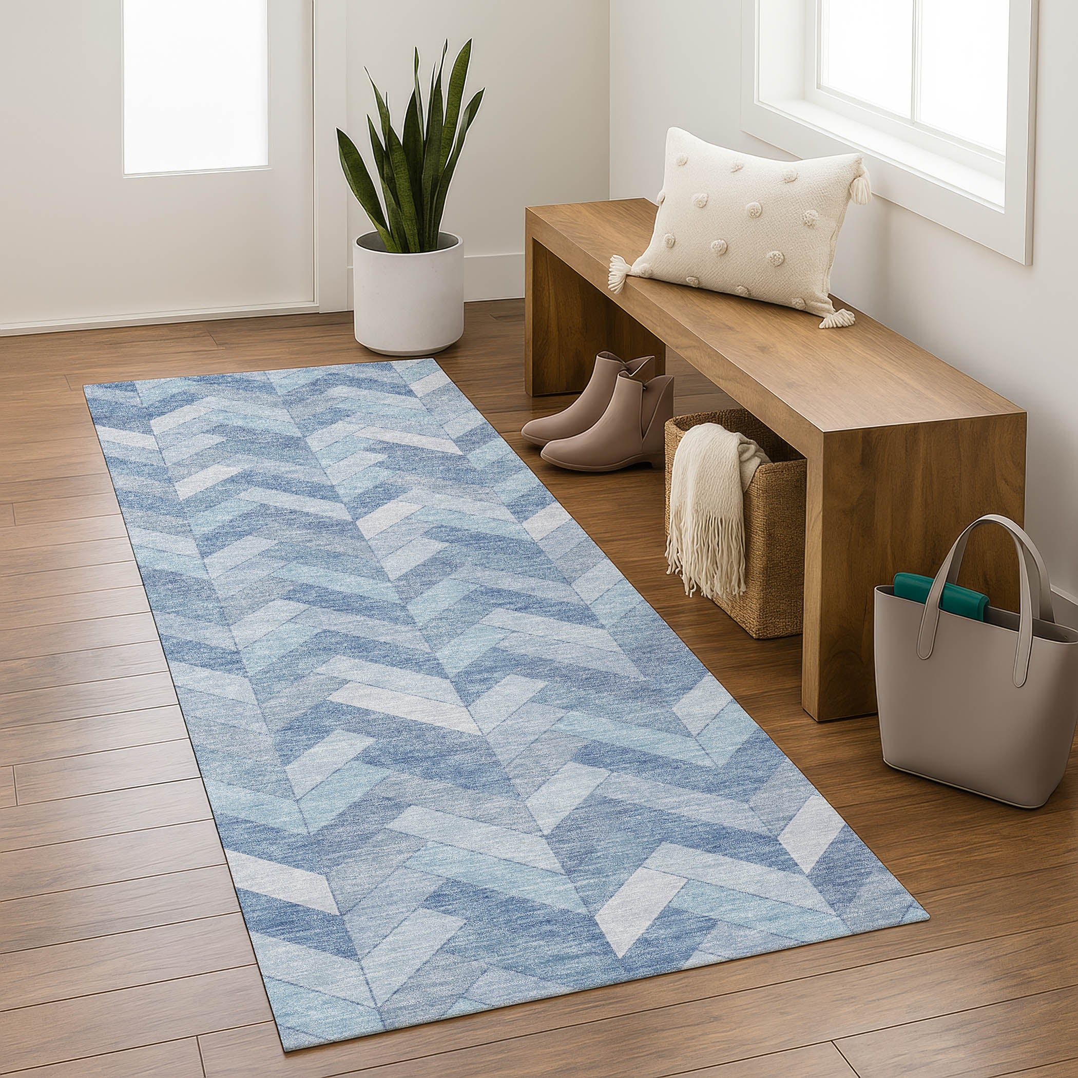 Bangkok Machine Washable Transitional Sky Blue Rug 2'3" x 7'6" #shape_Runner