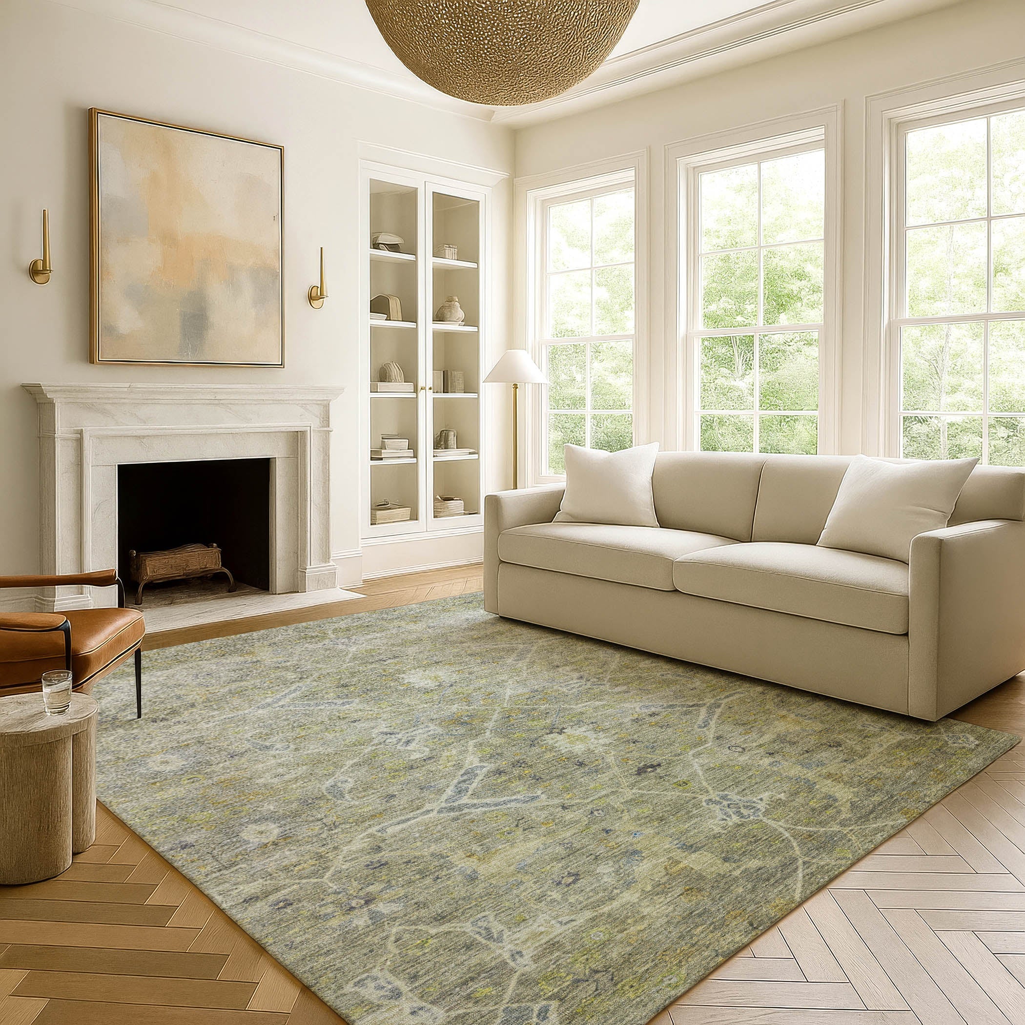 Athens Machine Washable Traditional Aloe Green Rug 3' x 5' #shape_Rectangle