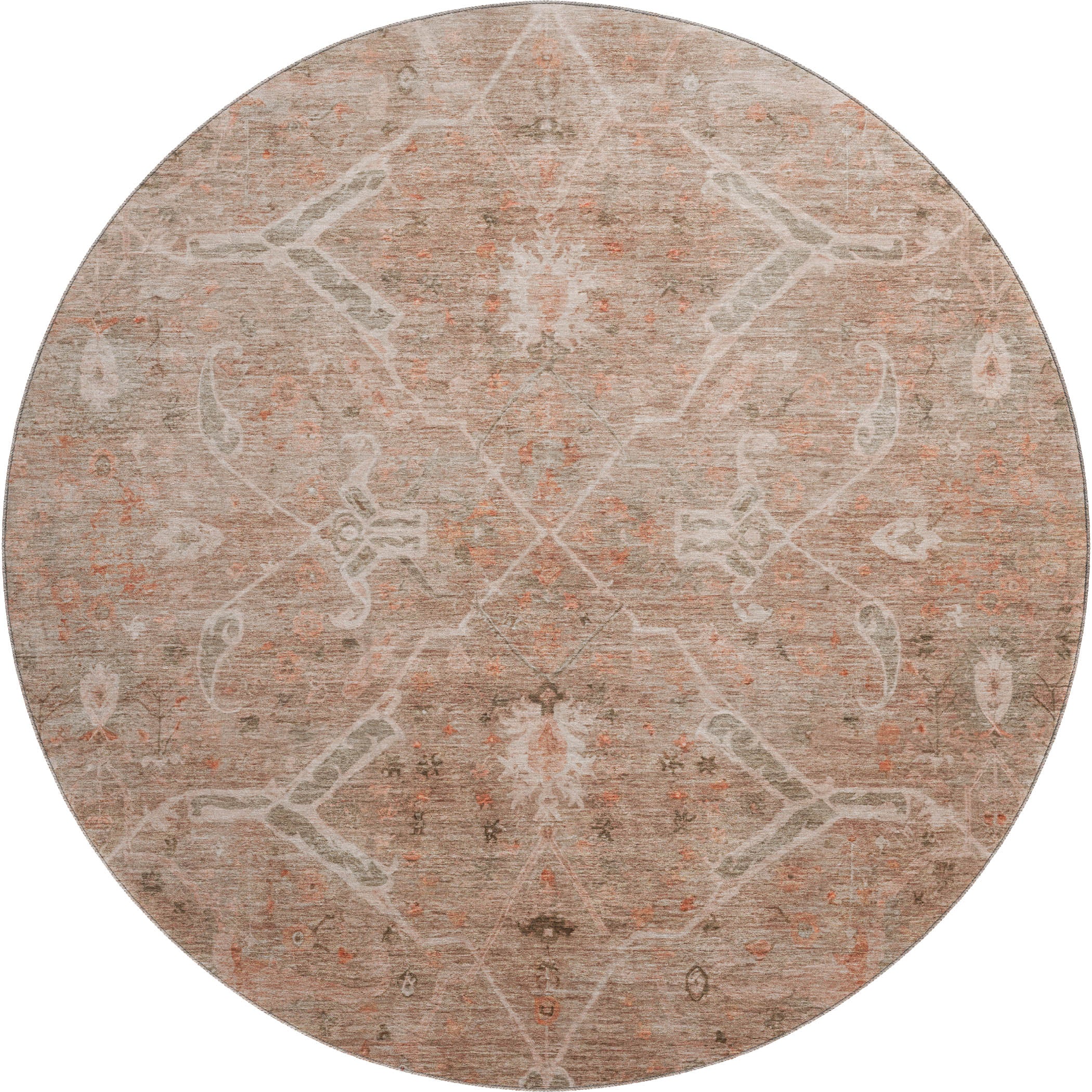 Athens Machine Washable Traditional Coral Orange Rug 8' x 8' #shape_Round