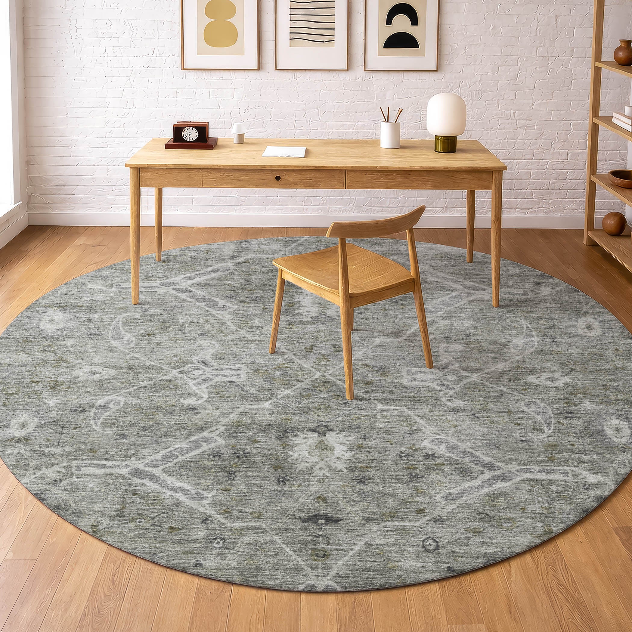 Athens Machine Washable Traditional Pewter Gray Rug 8' x 8' #shape_Round