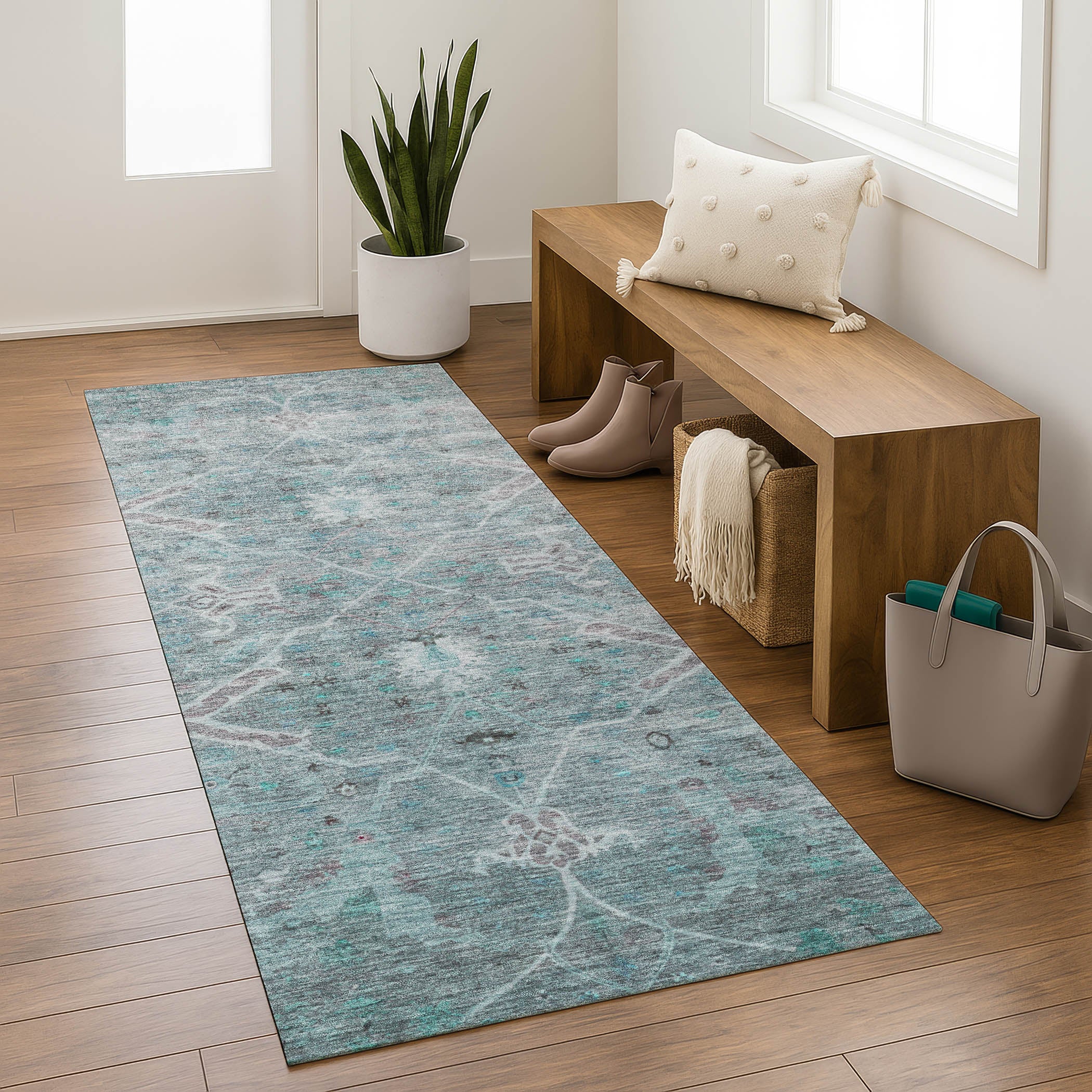 Athens Machine Washable Traditional Teal Rug 2'3" x 7'6" #shape_Runner
