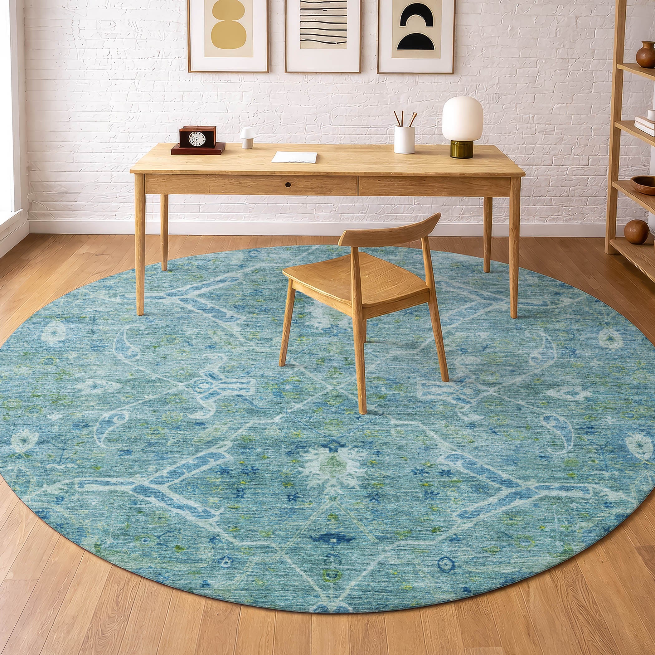 Athens Machine Washable Traditional Turquoise Teal Rug 8' x 8' #shape_Round