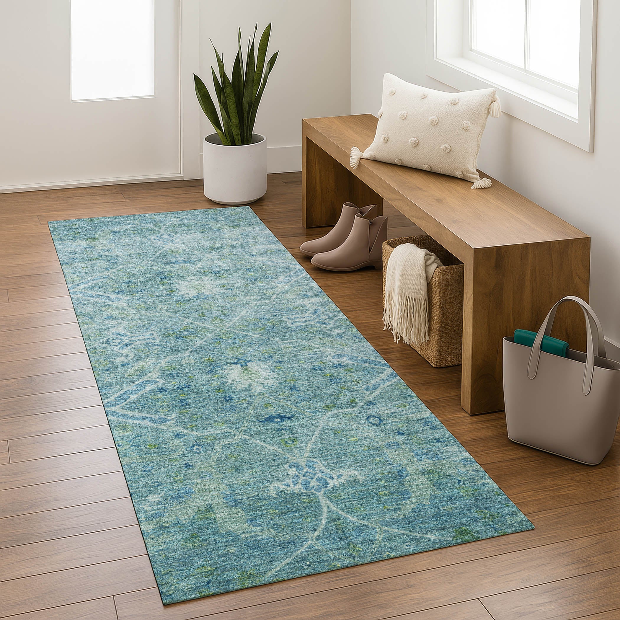 Athens Machine Washable Traditional Turquoise Teal Rug 2'3" x 7'6" #shape_Runner