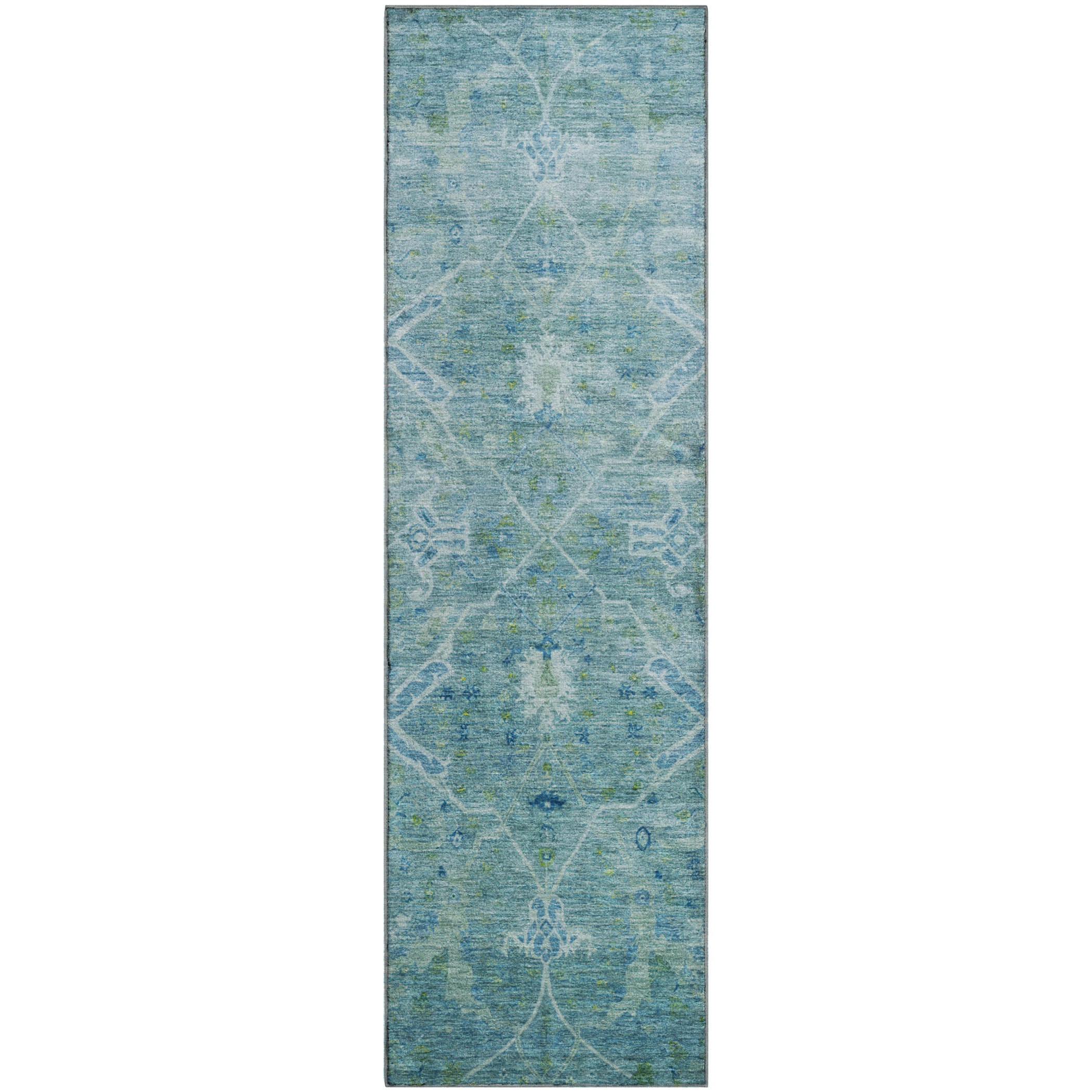 Athens Machine Washable Traditional Turquoise Teal Rug 2'3" x 7'6" #shape_Runner
