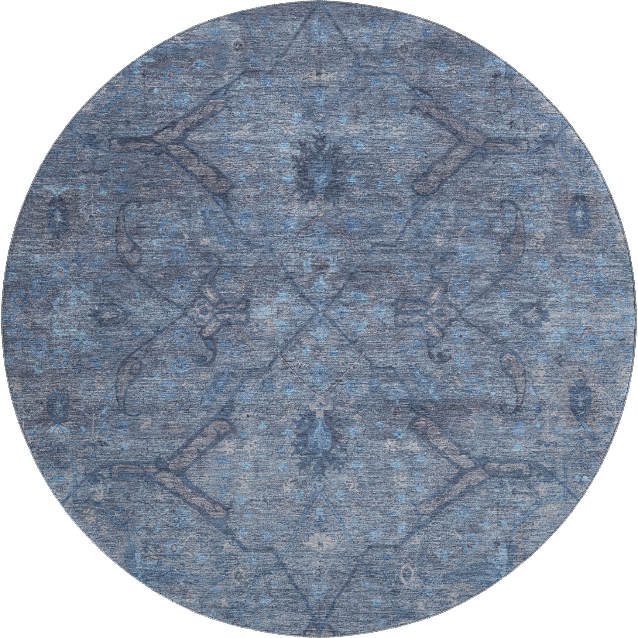 Kyoto Machine Washable Traditional Blue Rug 8' x 8' #shape_Round