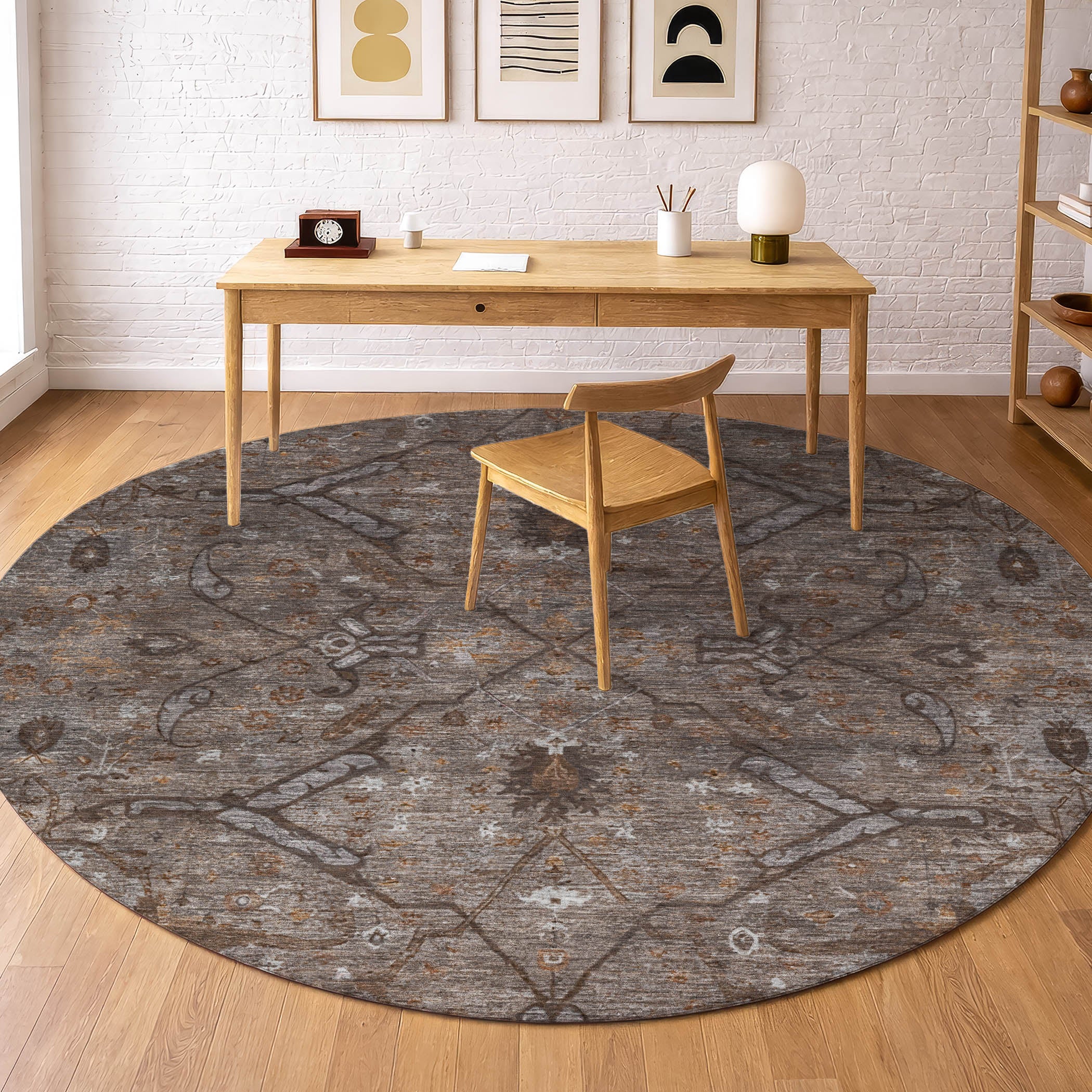 Kyoto Machine Washable Traditional Brown Rug 8' x 8' #shape_Round