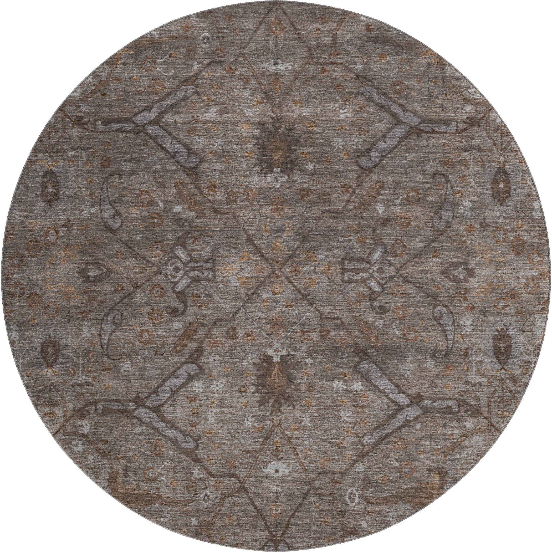 Kyoto Machine Washable Traditional Brown Rug 8' x 8' #shape_Round