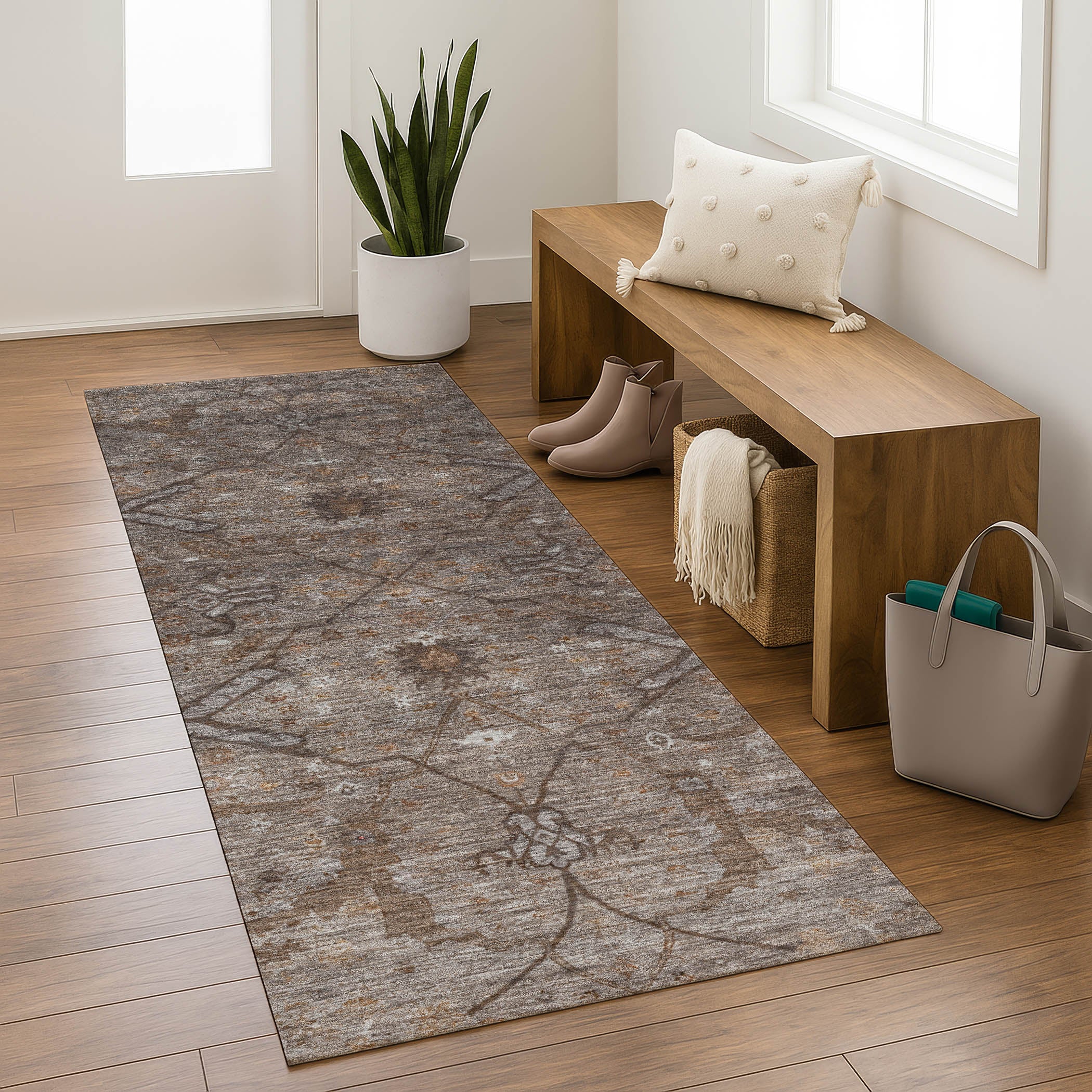 Kyoto Machine Washable Traditional Brown Rug 2'3" x 7'6" #shape_Runner