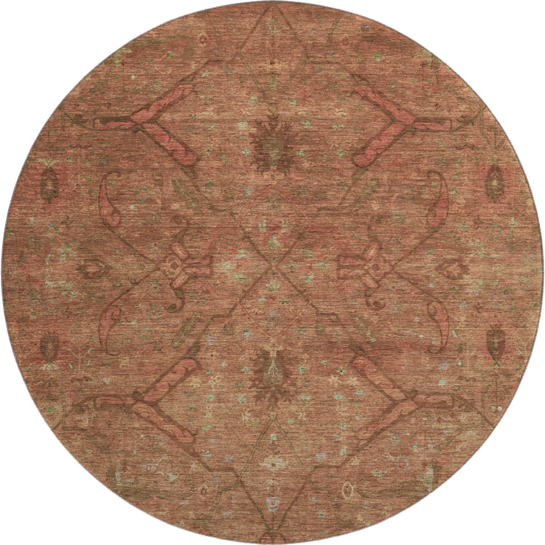 Kyoto Machine Washable Traditional Terracotta Orange Rug 8' x 8' #shape_Round