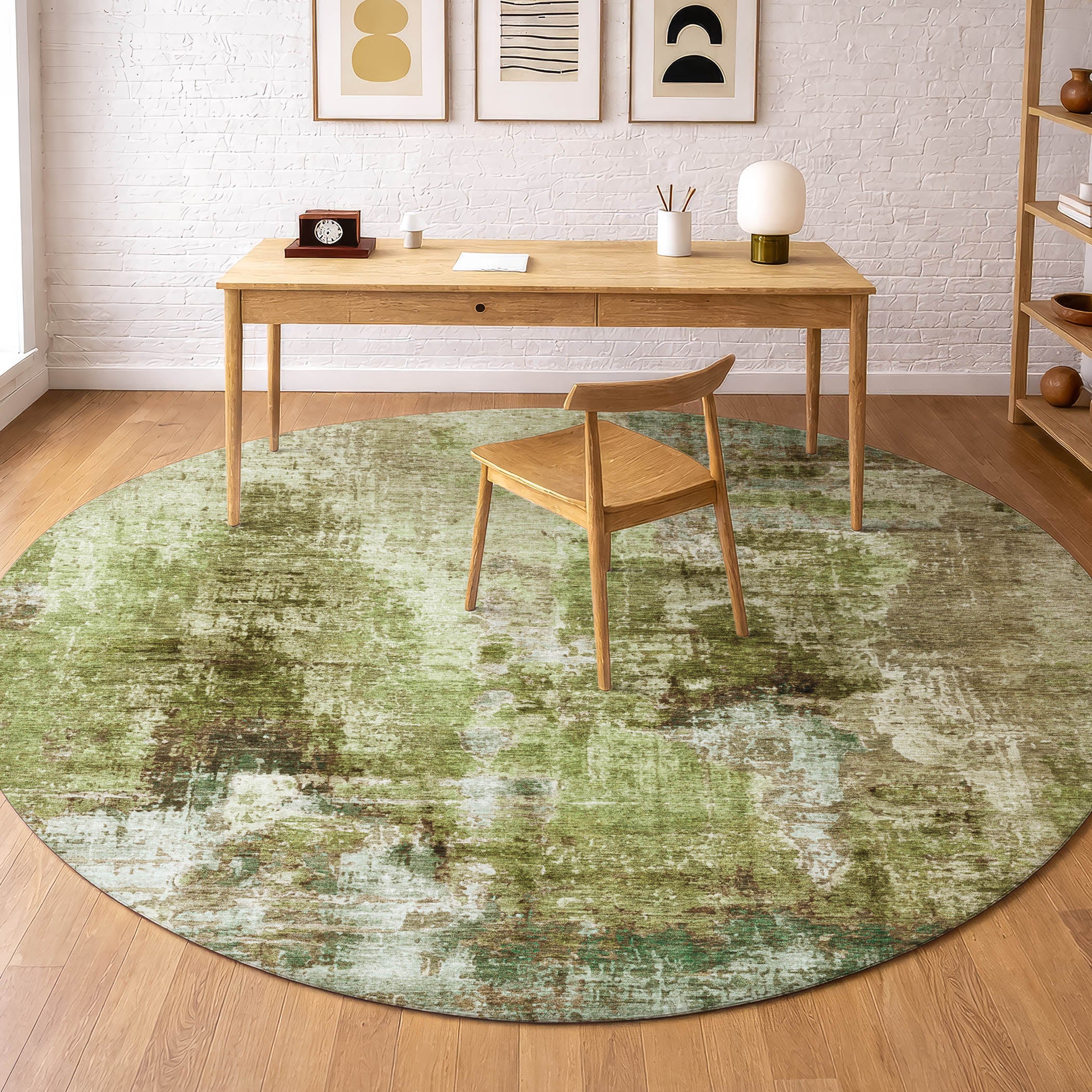 Seoul Machine Washable Transitional Aloe Green Rug 8' x 8' #shape_Round