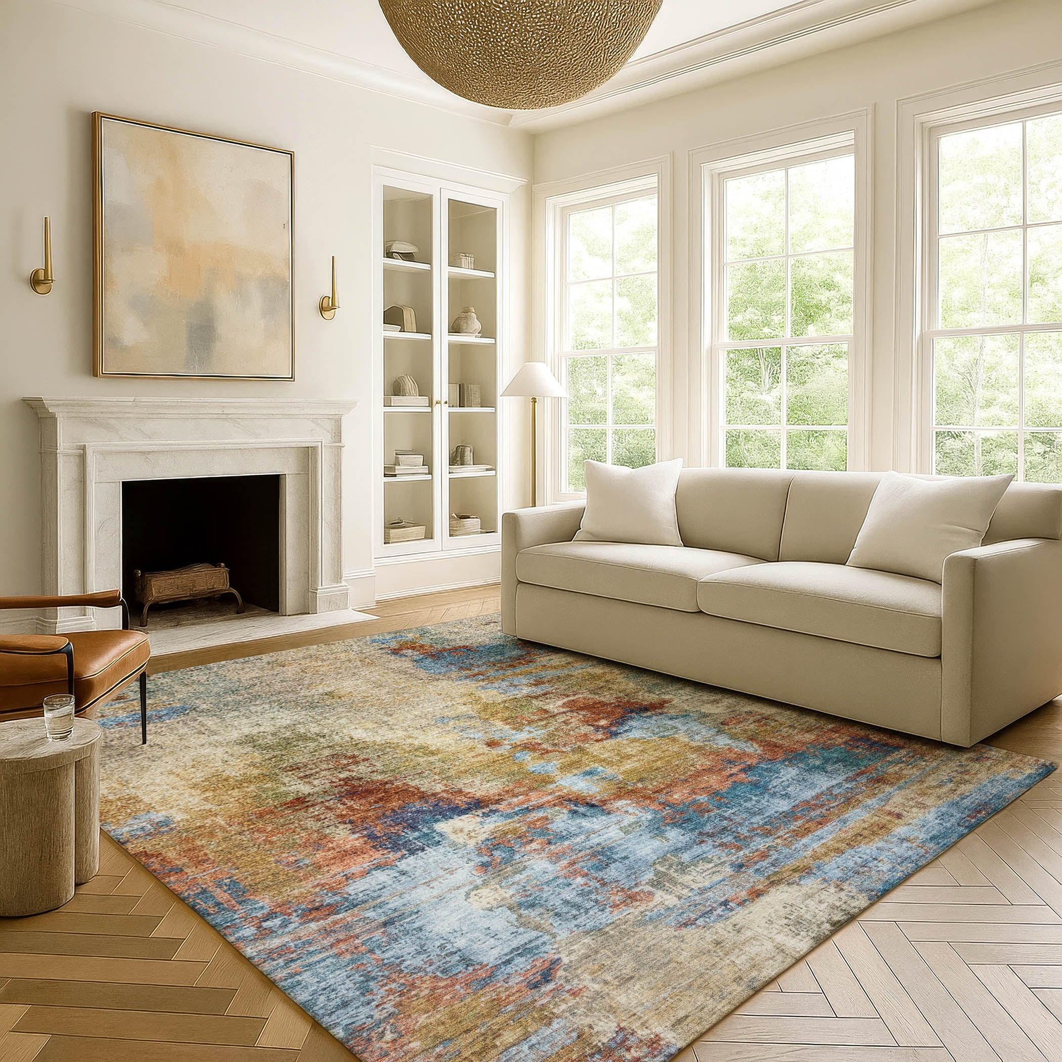 Seoul Machine Washable Transitional Beige Brown Rug 3' x 5' #shape_Rectangle