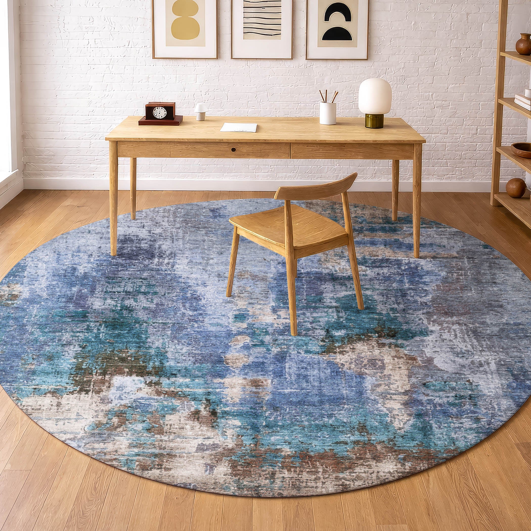 Seoul Machine Washable Transitional Blue Rug 8' x 8' #shape_Round