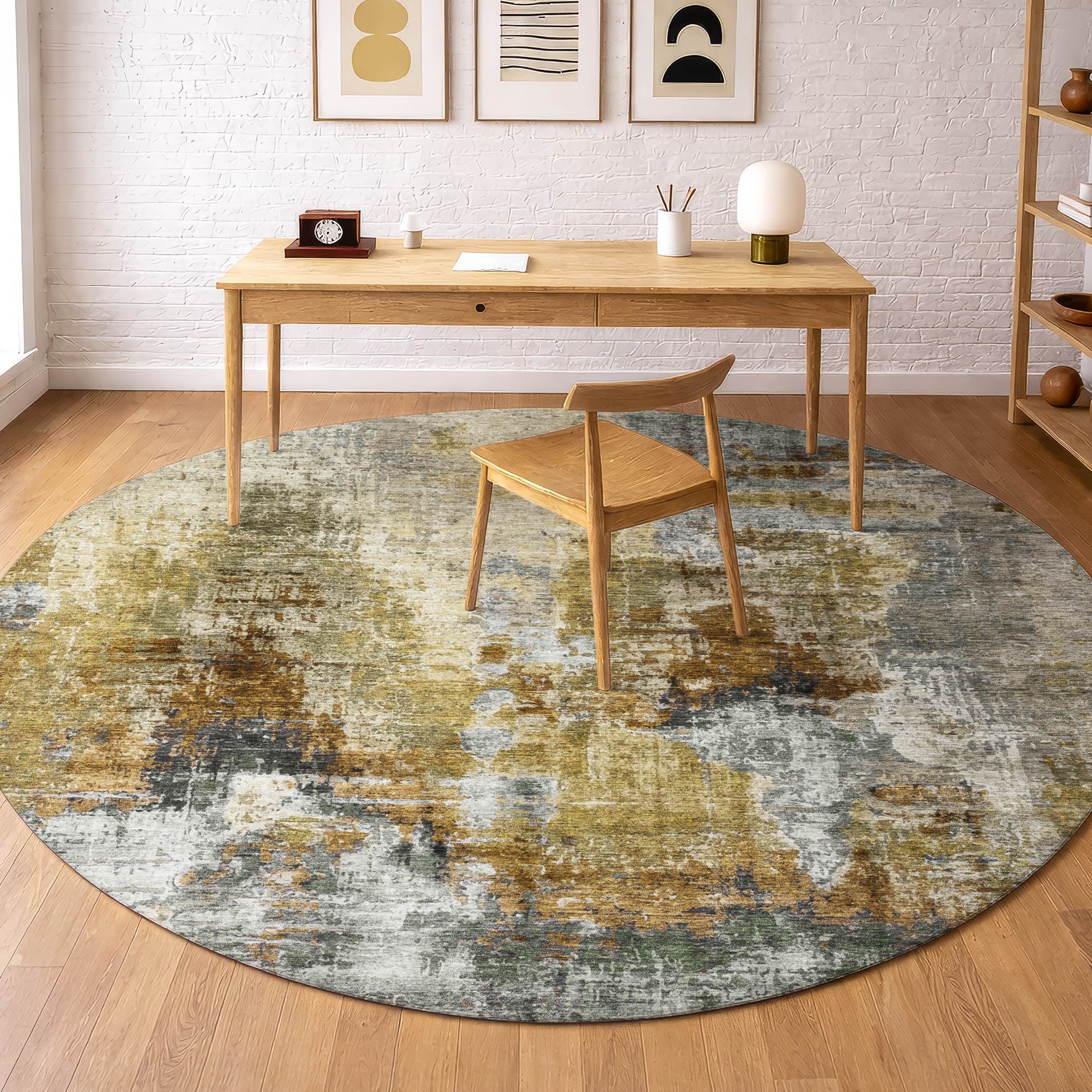 Seoul Machine Washable Transitional Khaki Brown Rug 8' x 8' #shape_Round