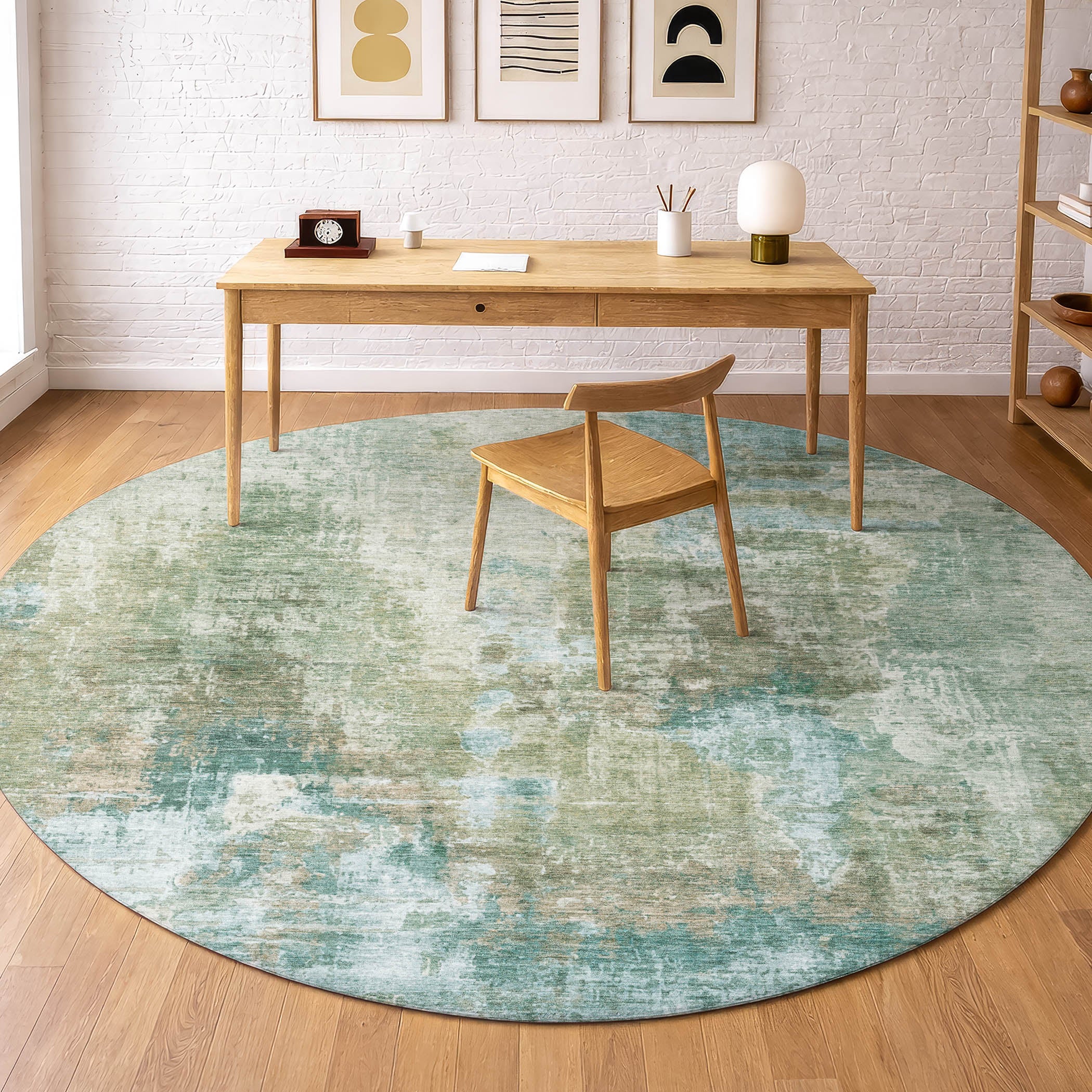 Seoul Machine Washable Transitional Sage Green Rug 8' x 8' #shape_Round