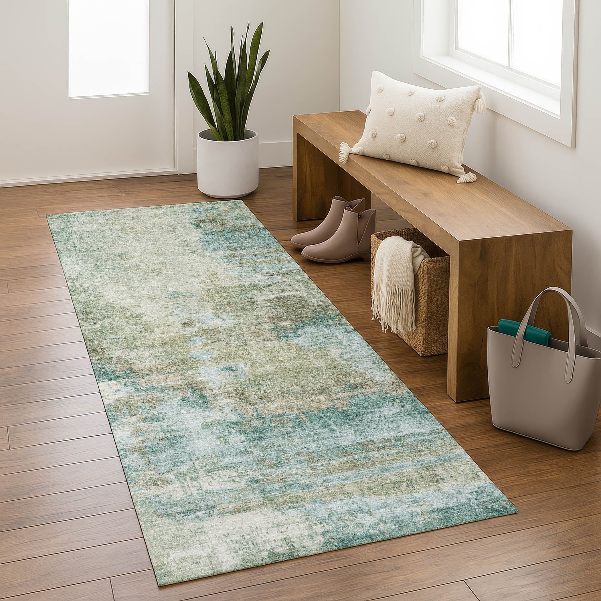 Seoul Machine Washable Transitional Sage Green Rug 2'3" x 7'6" #shape_Runner
