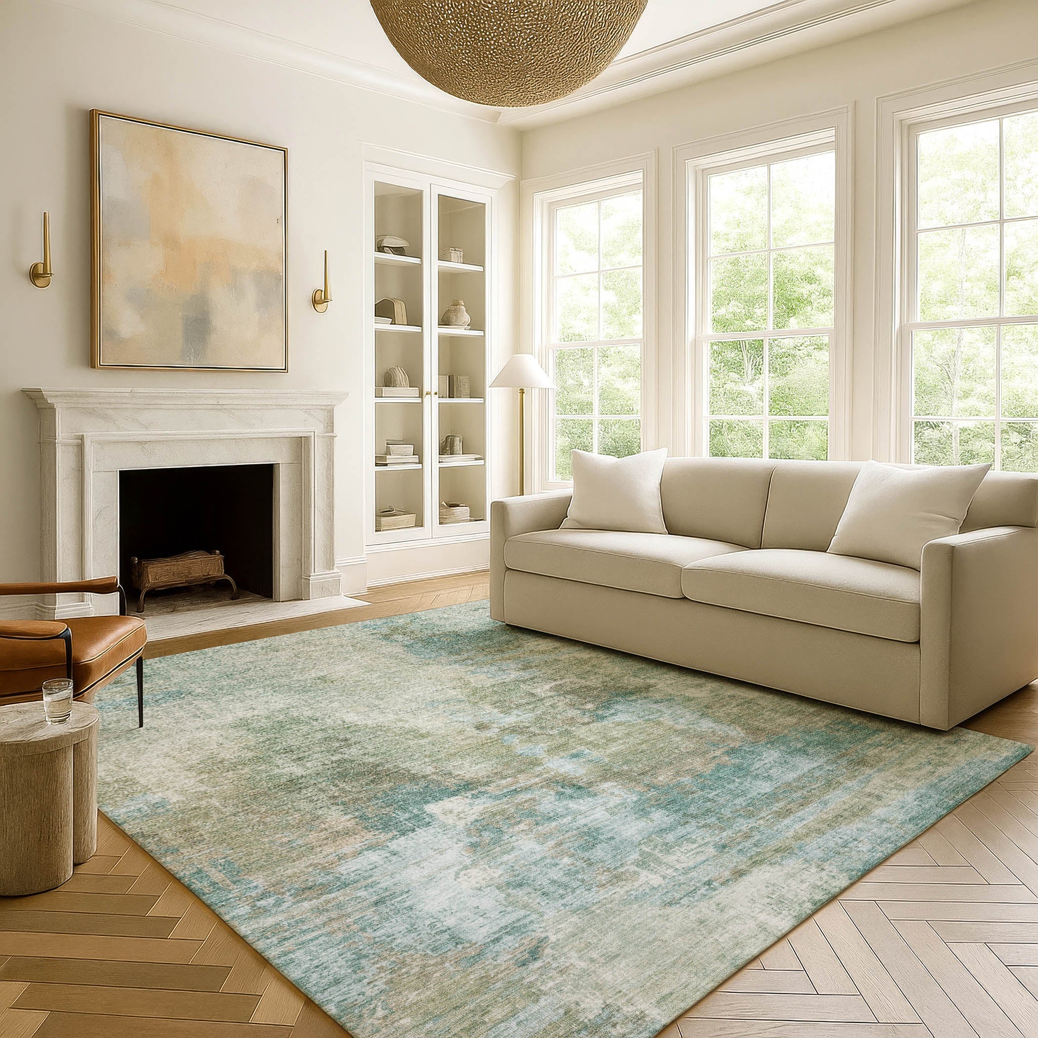 Seoul Machine Washable Transitional Sage Green Rug 3' x 5' #shape_Rectangle