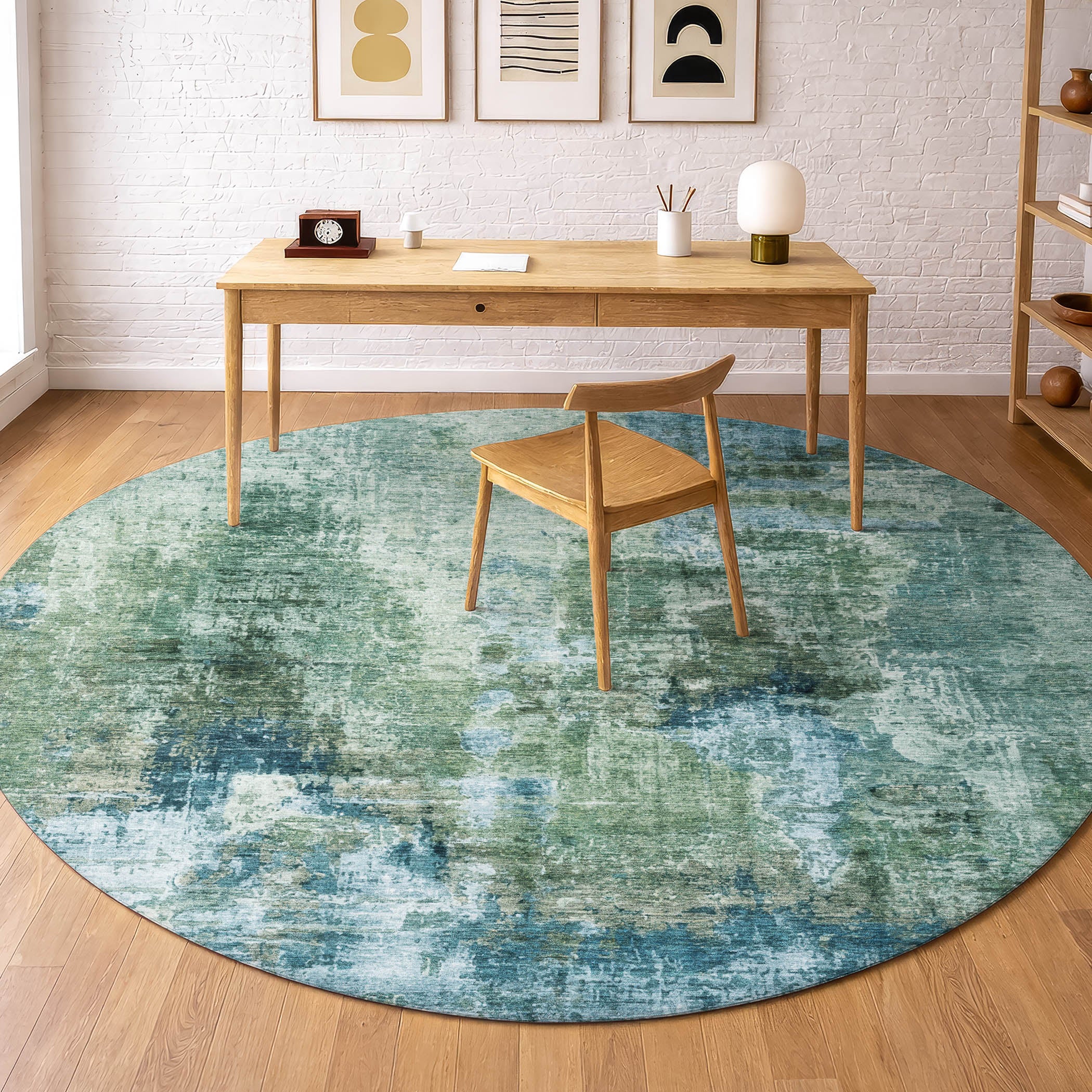 Seoul Machine Washable Transitional Teal Rug 8' x 8' #shape_Round