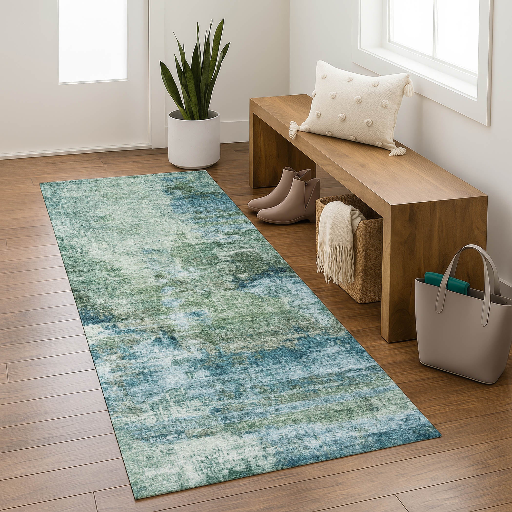 Seoul Machine Washable Transitional Teal Rug 2'3" x 7'6" #shape_Runner