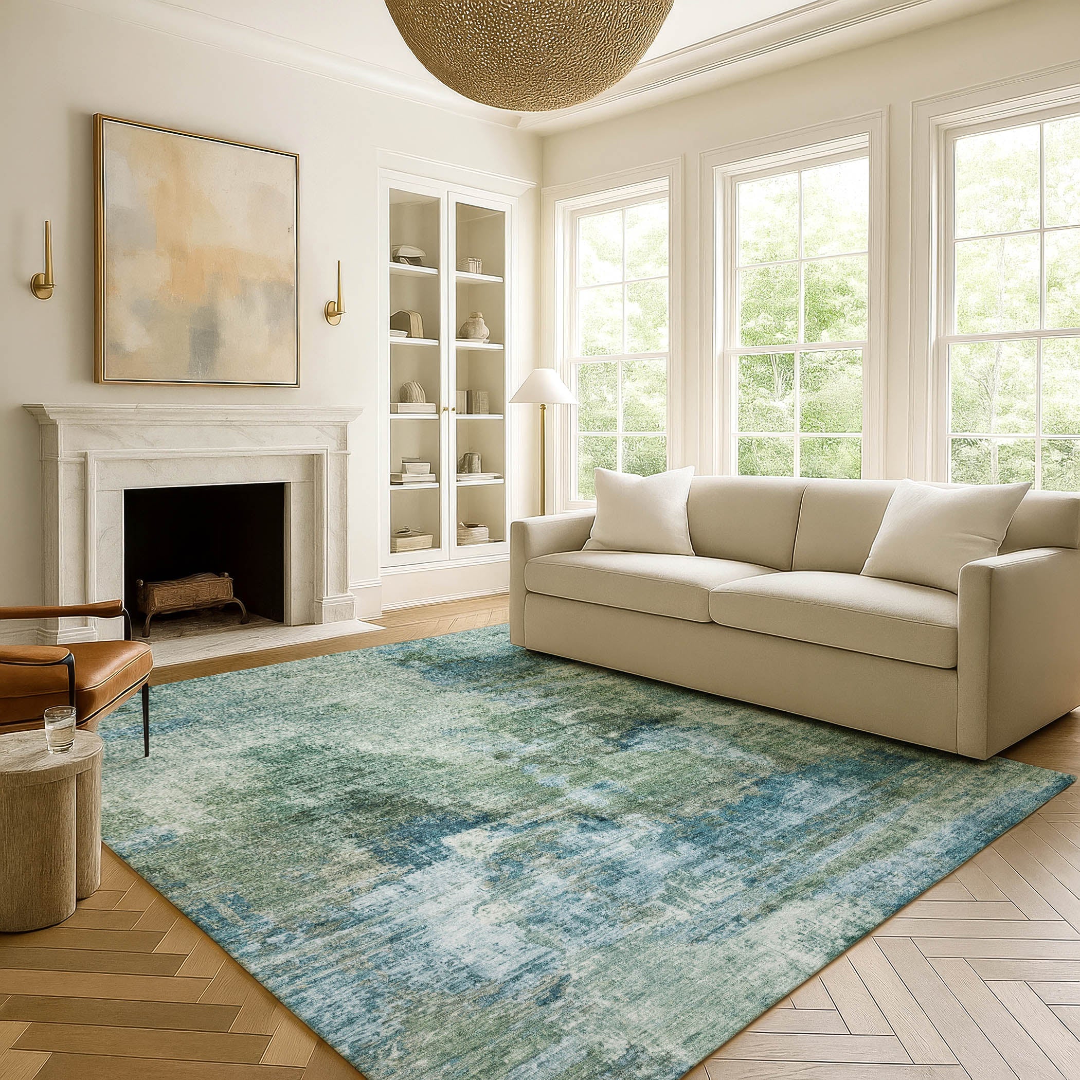 Seoul Machine Washable Transitional Teal Rug 3' x 5' #shape_Rectangle