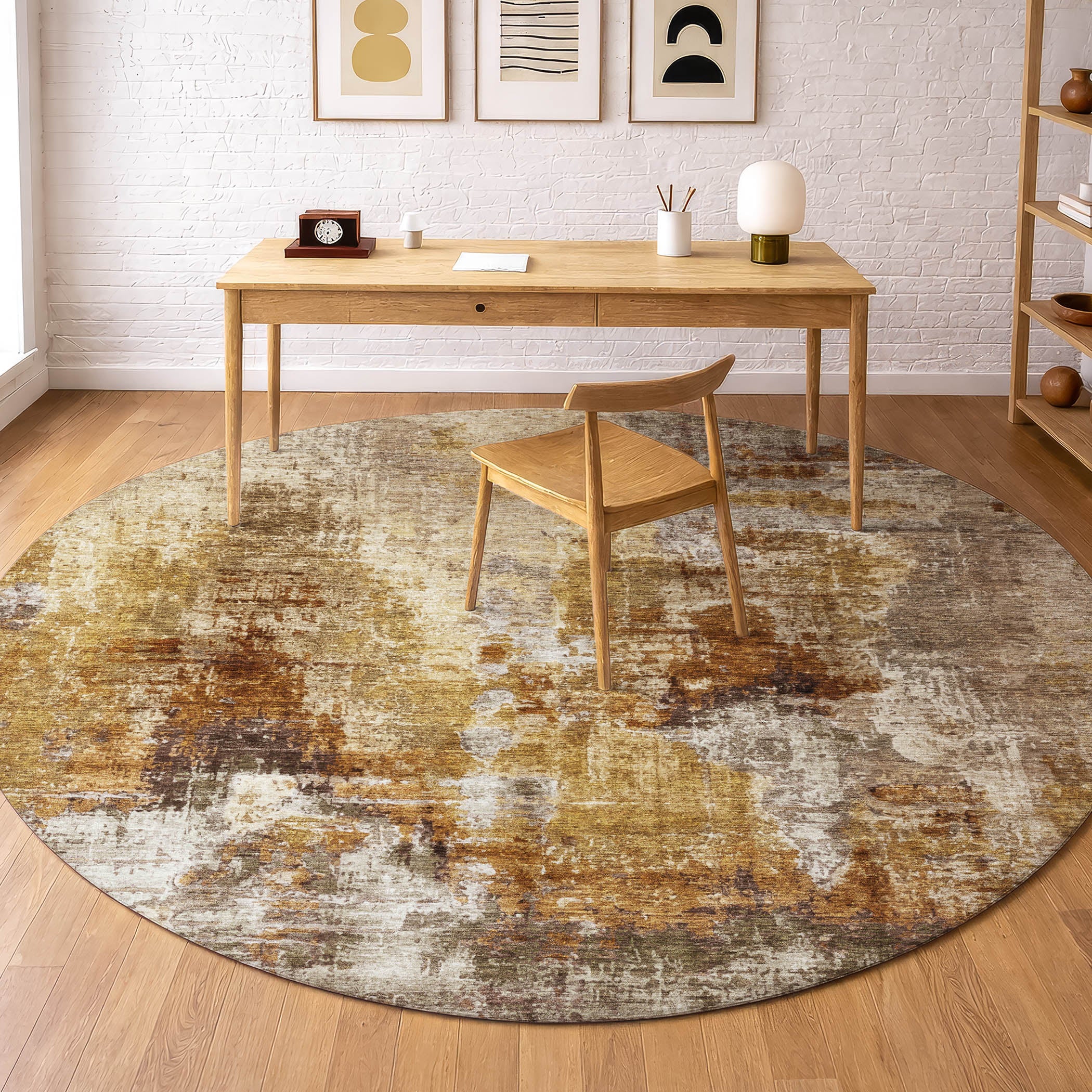 Seoul Machine Washable Transitional Walnut Gold Rug 8' x 8' #shape_Round