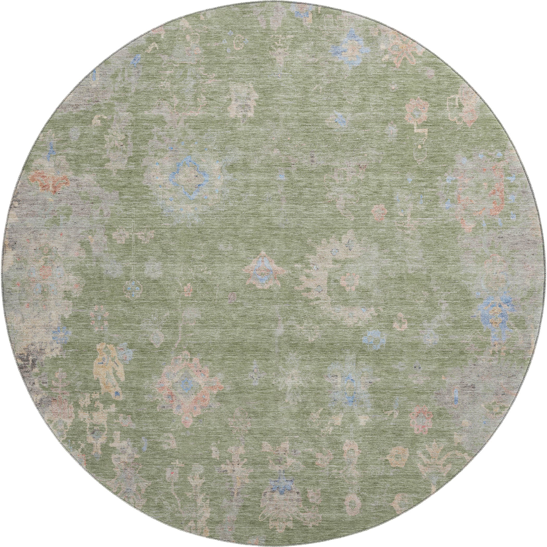 Colombo Machine Washable Traditional Aloe Green Rug 8' x 8' #shape_Round