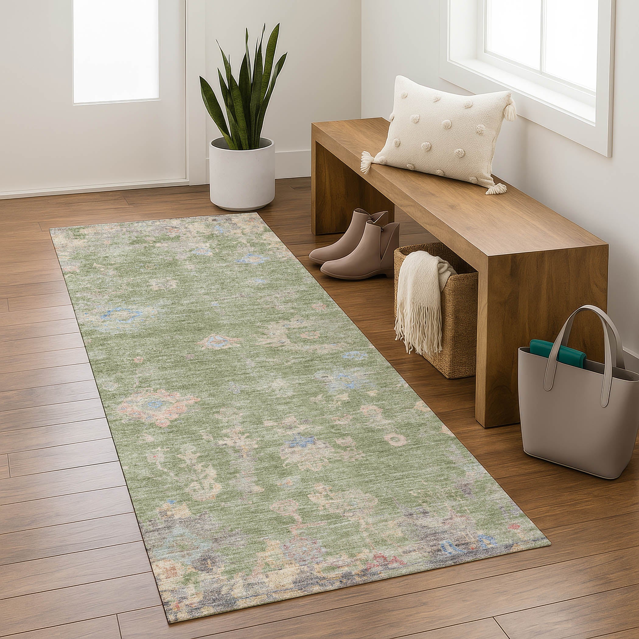 Colombo Machine Washable Traditional Aloe Green Rug 2'3" x 7'6" #shape_Runner