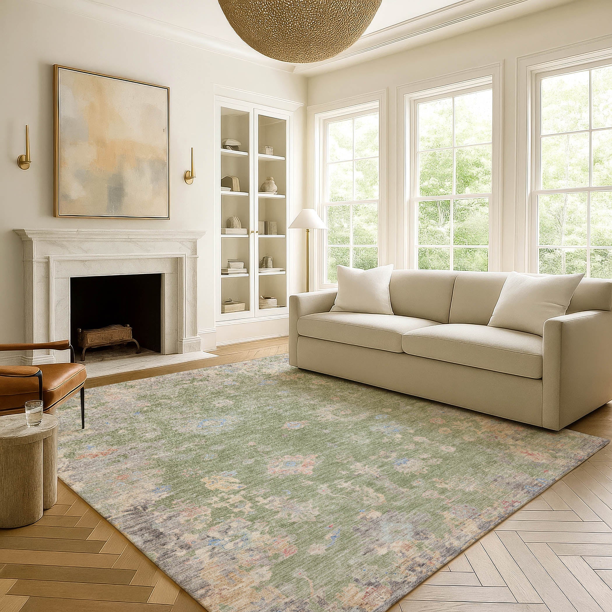Colombo Machine Washable Traditional Aloe Green Rug 3' x 5' #shape_Rectangle
