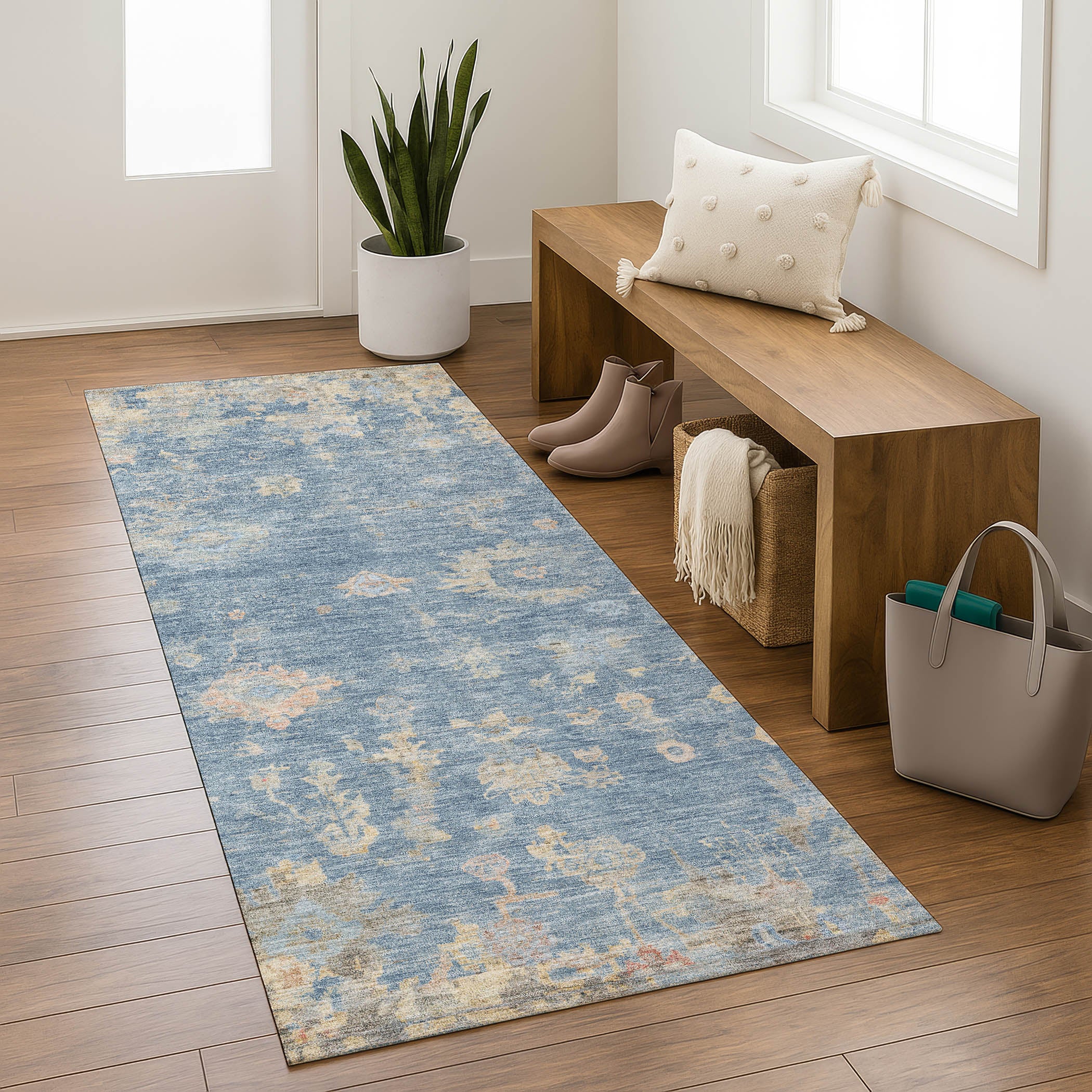 Colombo Machine Washable Traditional Blue Rug 2'3" x 7'6" #shape_Runner