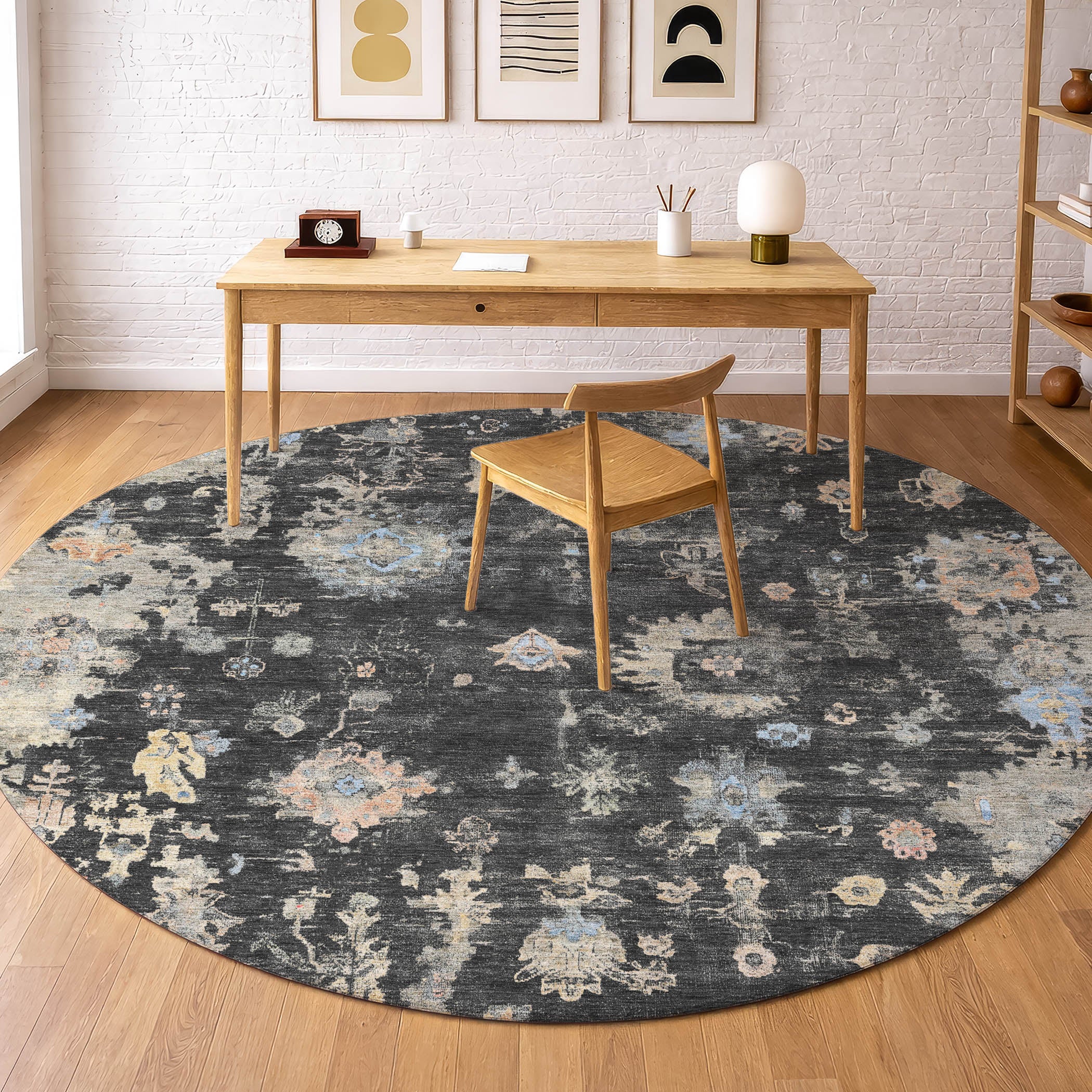 Colombo Machine Washable Traditional Charcoal Gray Rug 8' x 8' #shape_Round