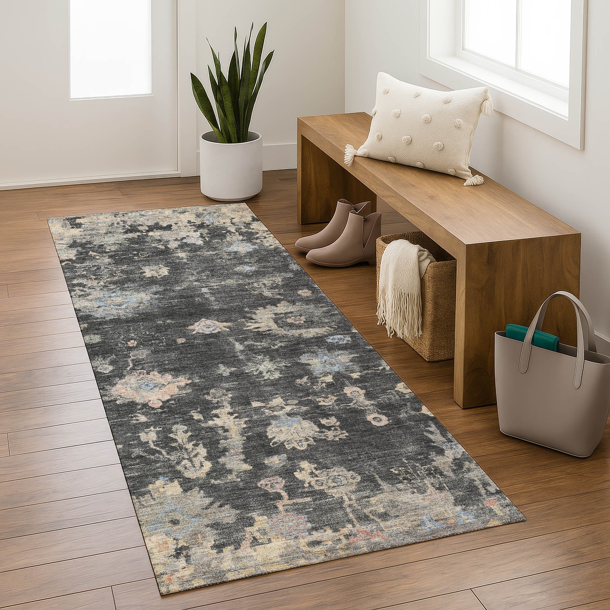 Colombo Machine Washable Traditional Charcoal Gray Rug 2'3" x 7'6" #shape_Runner