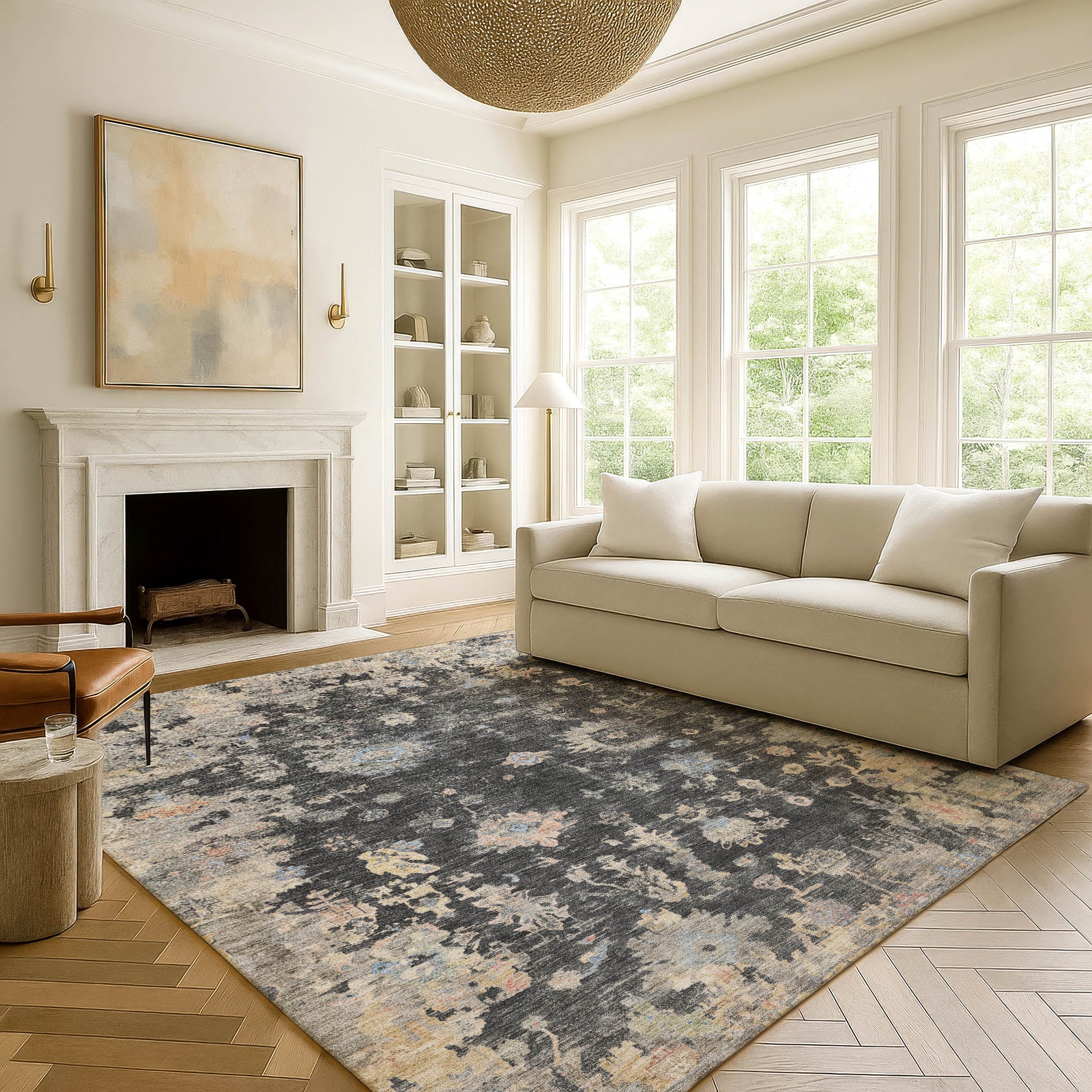 Colombo Machine Washable Traditional Charcoal Gray Rug 3' x 5' #shape_Rectangle