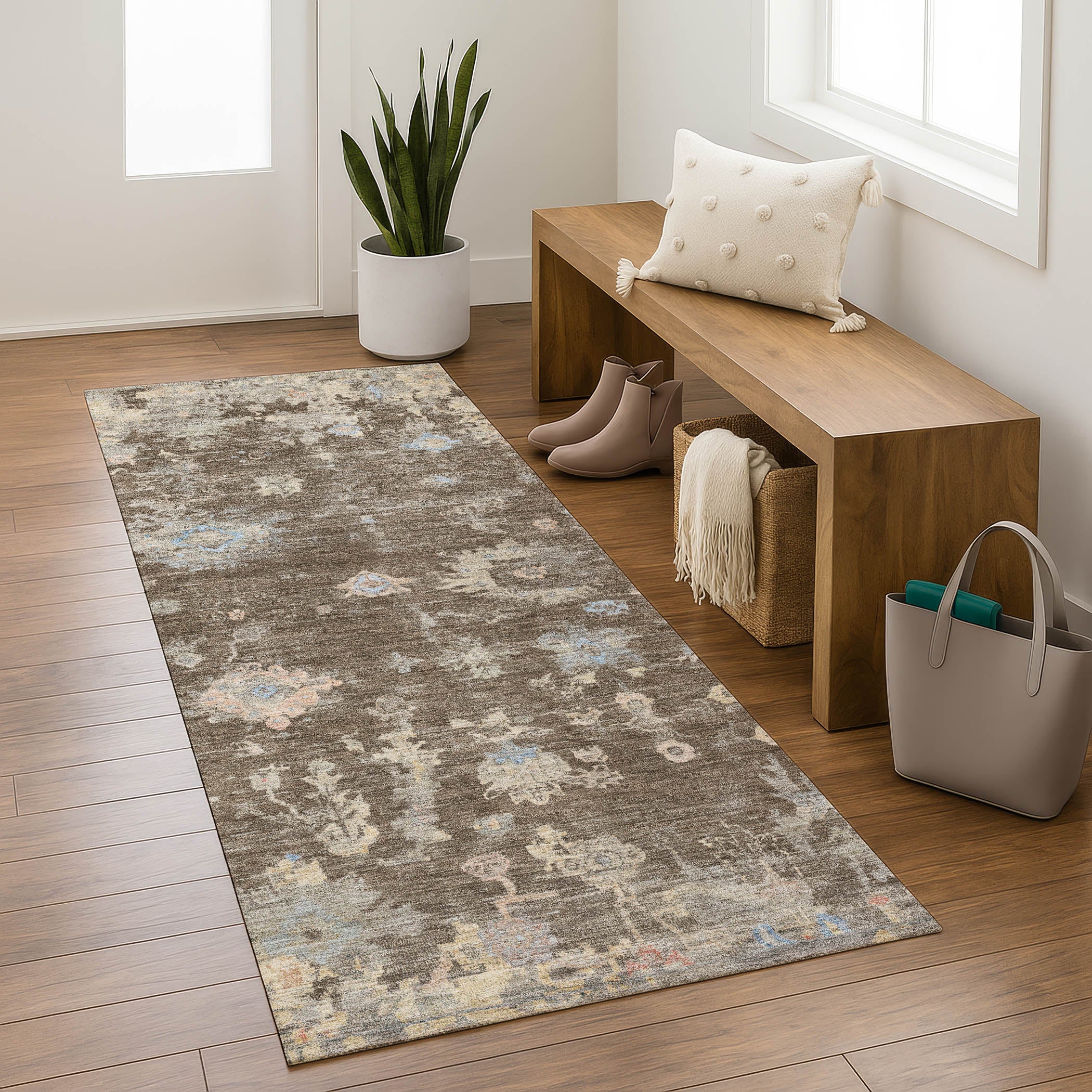 Colombo Machine Washable Traditional Chocolate Brown Rug 2'3" x 7'6" #shape_Runner