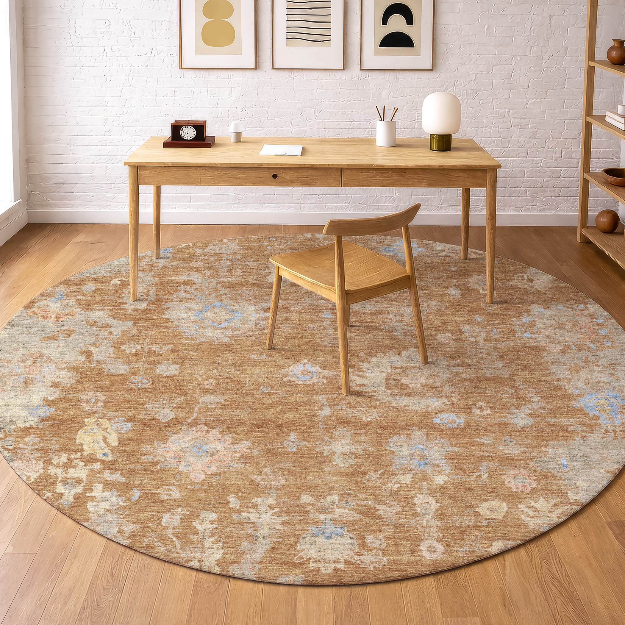 Colombo Machine Washable Traditional Copper Orange Rug 8' x 8' #shape_Round