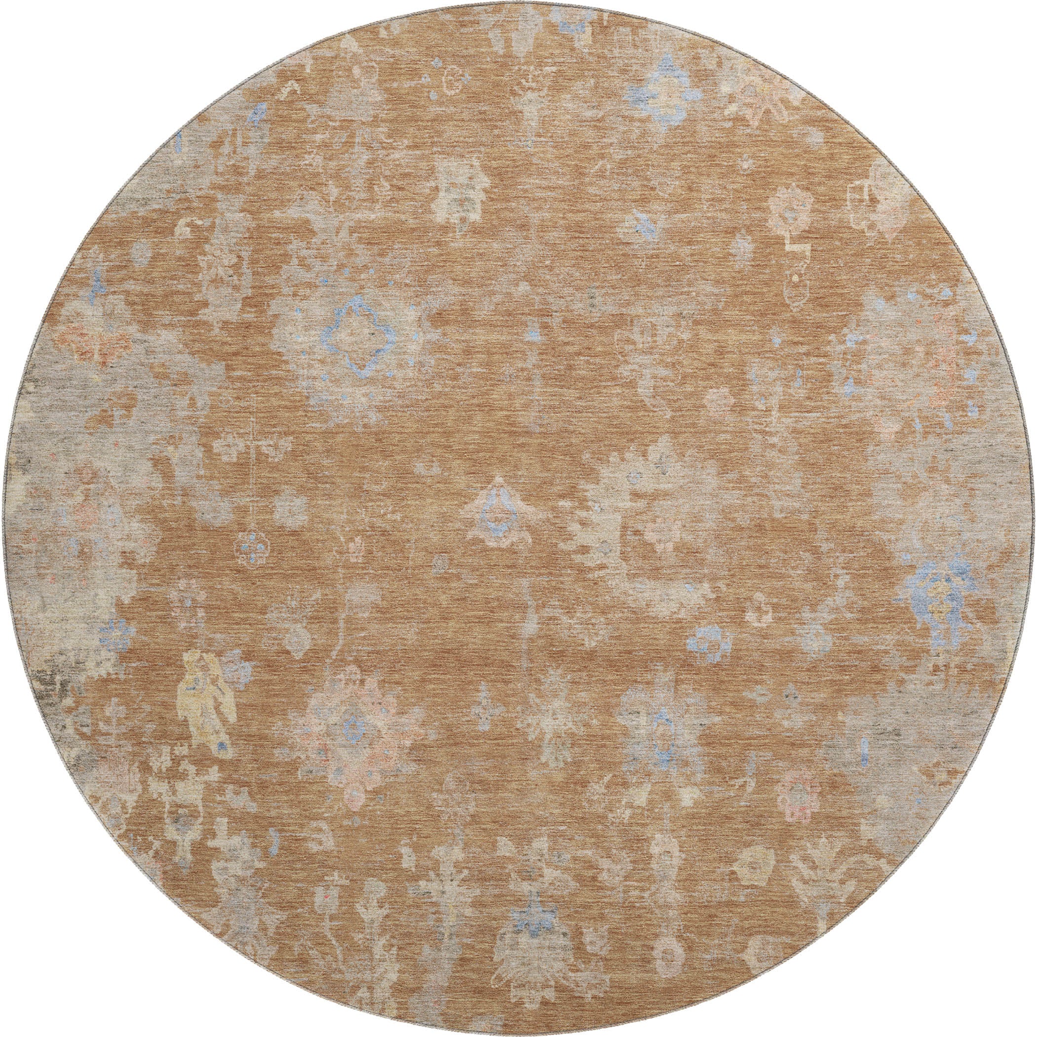 Colombo Machine Washable Traditional Copper Orange Rug 8' x 8' #shape_Round