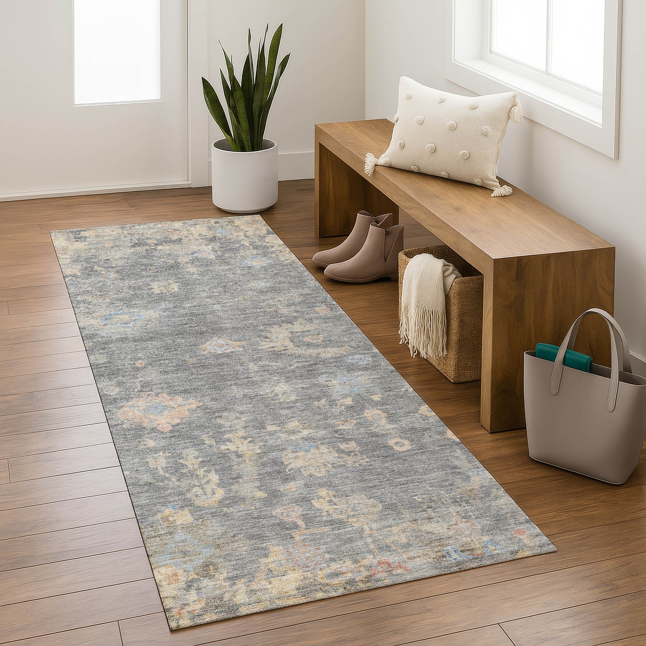 Colombo Machine Washable Traditional Gray Rug 2'3" x 7'6" #shape_Runner