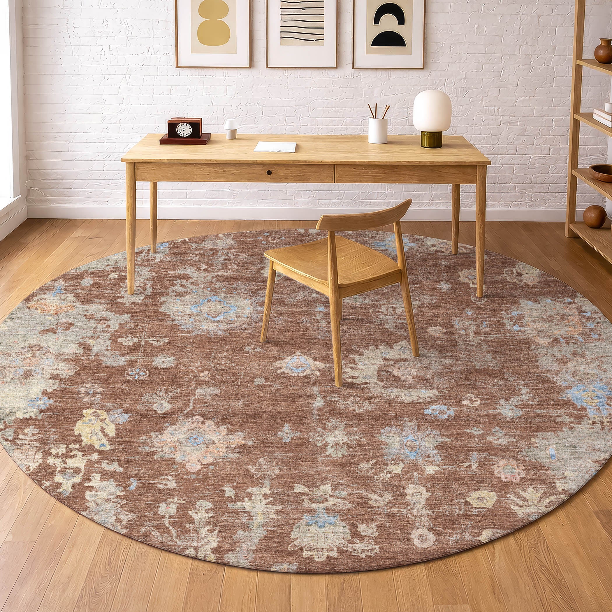 Colombo Machine Washable Traditional Paprika Orange Rug 8' x 8' #shape_Round