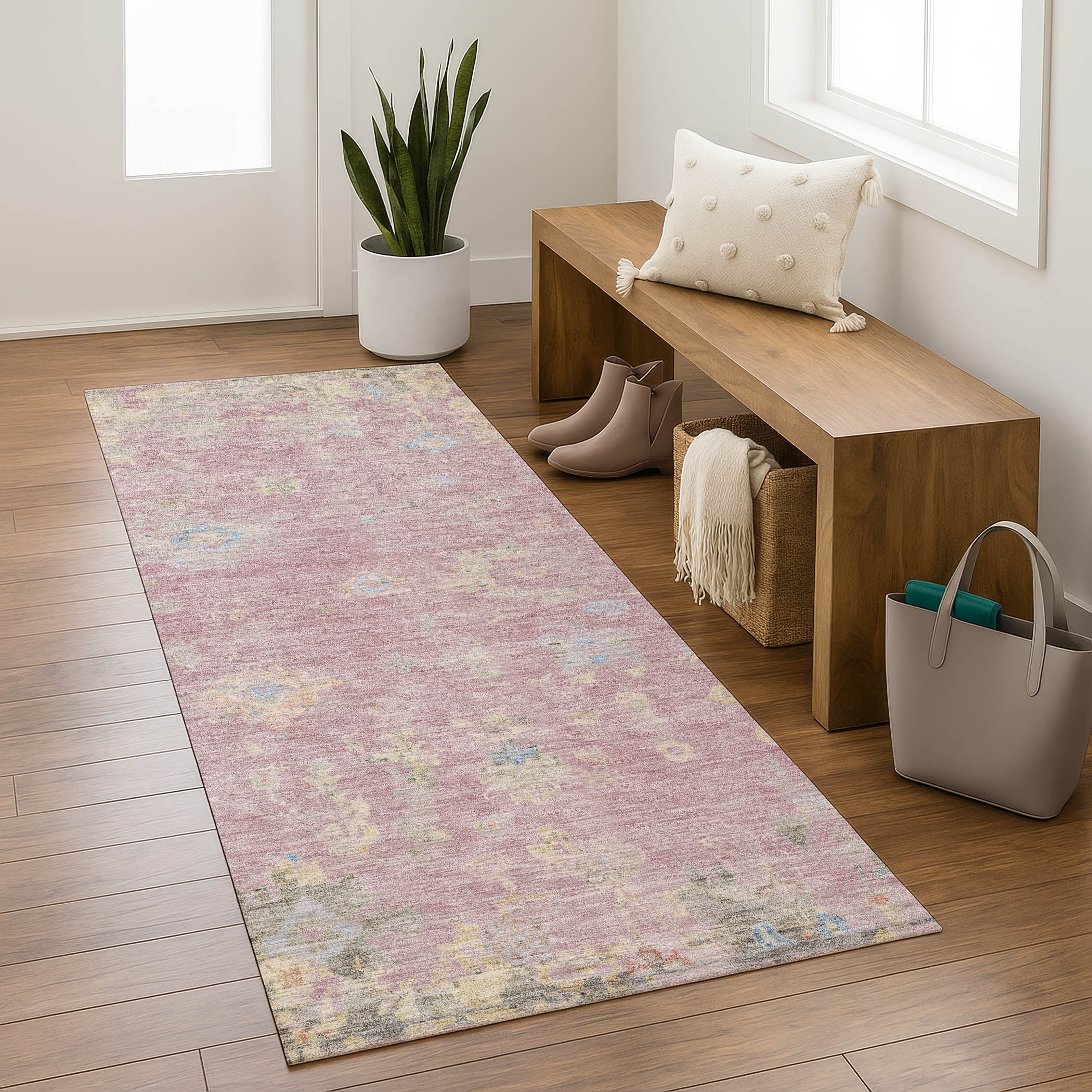 Colombo Machine Washable Traditional Pink Rug 2'3" x 7'6" #shape_Runner