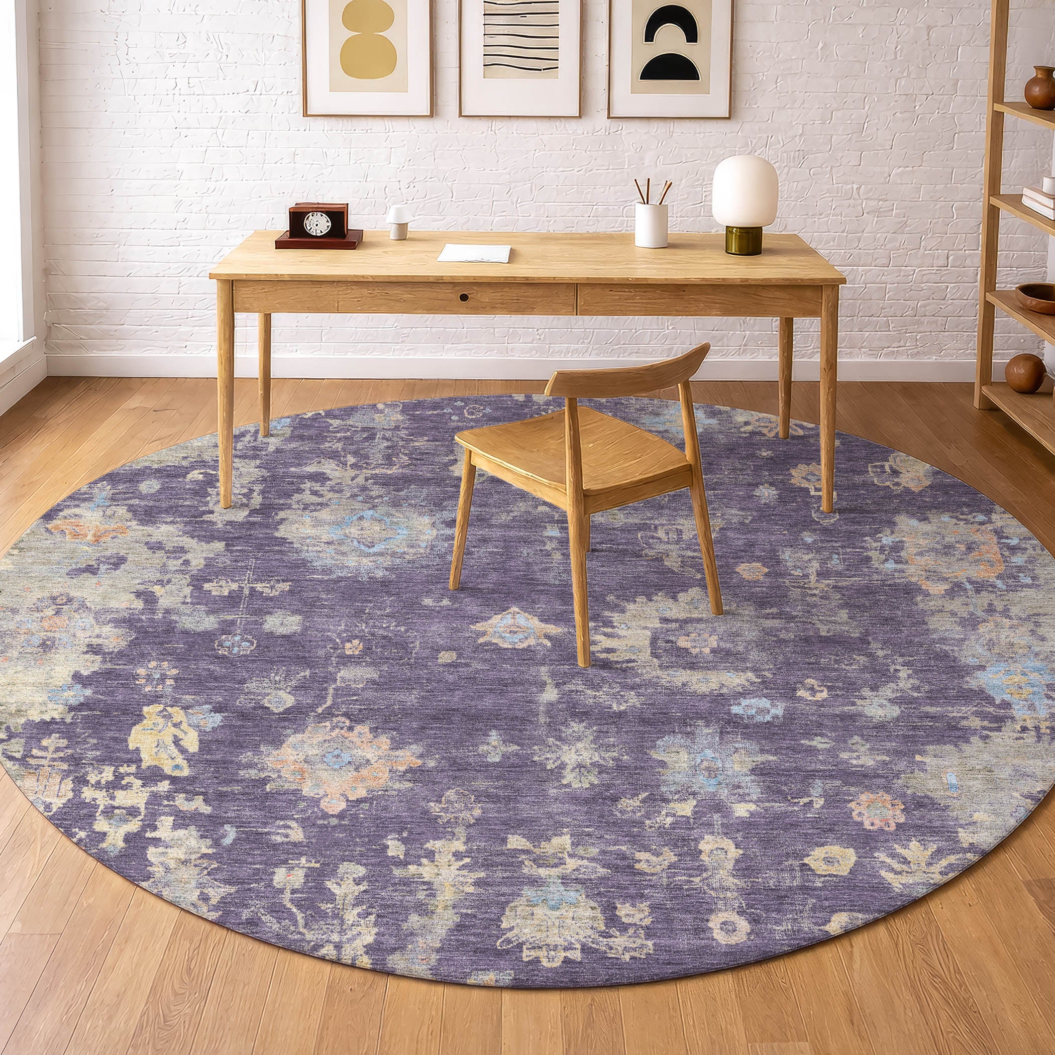 Colombo Machine Washable Traditional Plum Purple Rug 8' x 8' #shape_Round