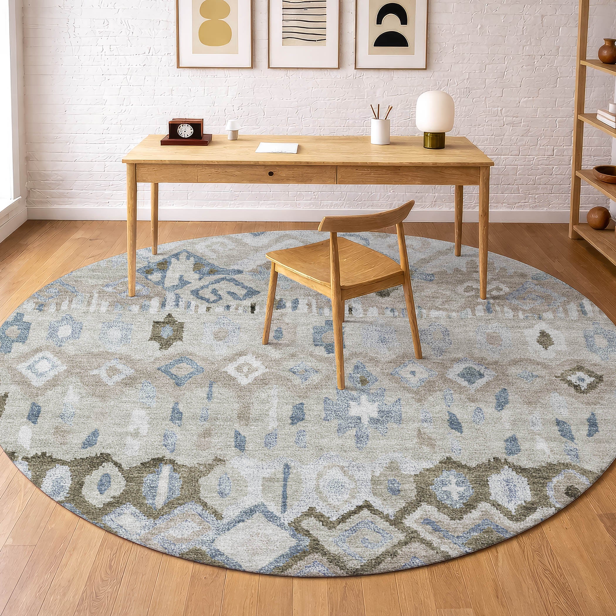 Lucerne Machine Washable Transitional Beige Brown Rug 8' x 8' #shape_Round