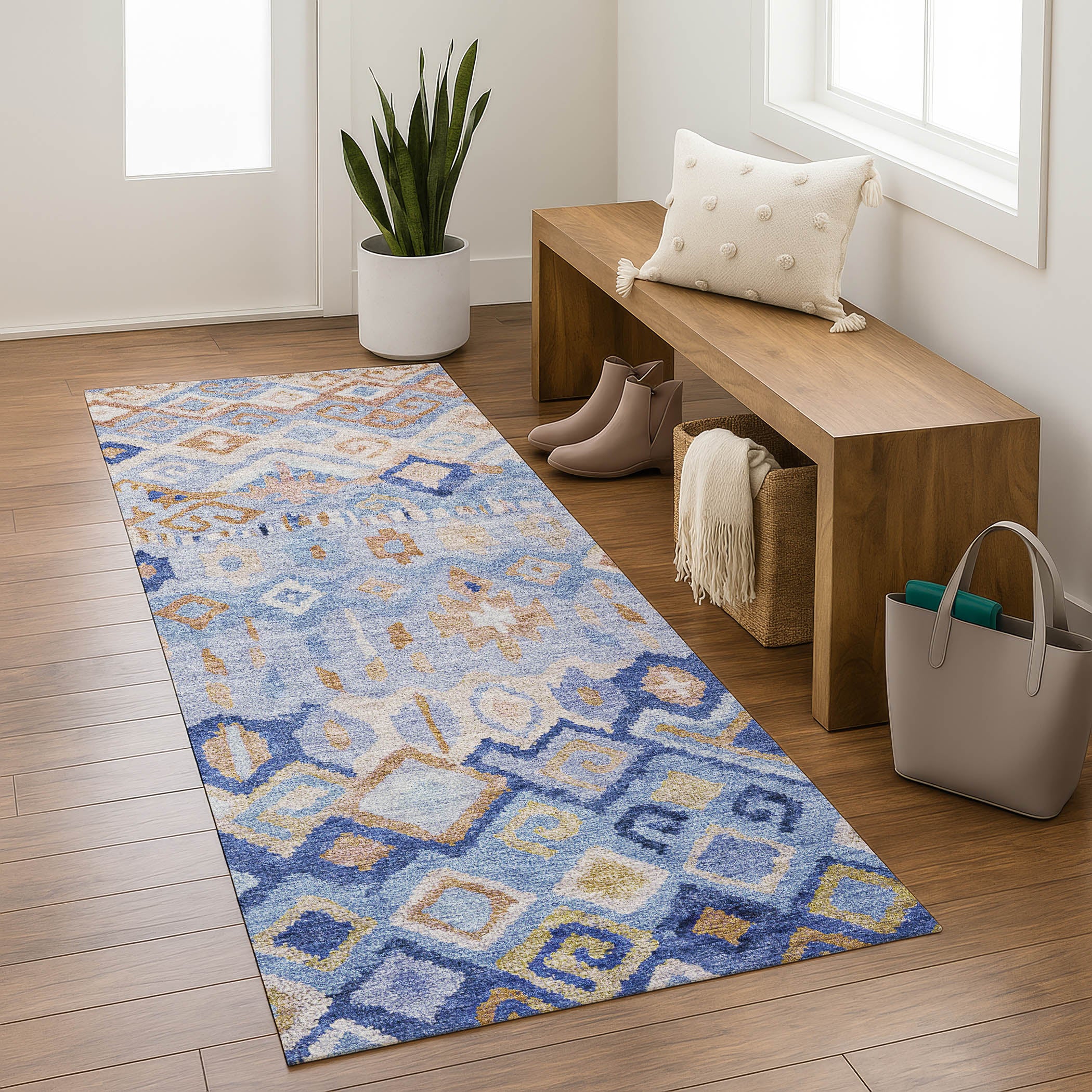 Lucerne Machine Washable Transitional Blue Rug 2'3" x 7'6" #shape_Runner