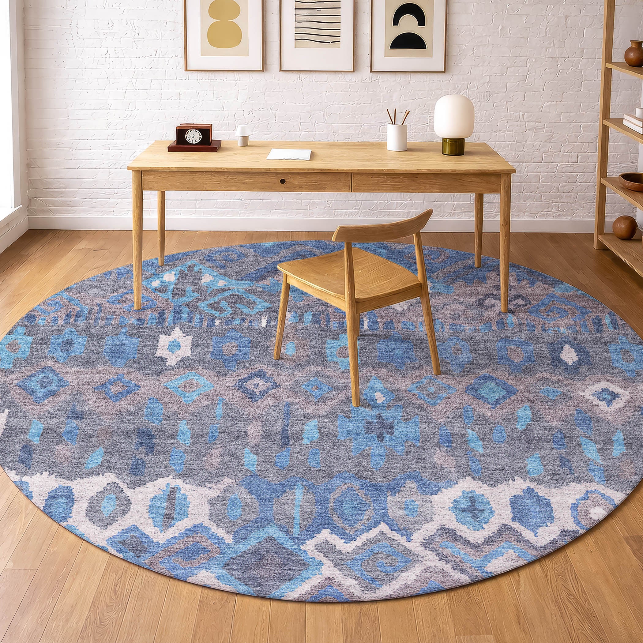 Dublin Machine Washable Transitional Blue Rug 8' x 8' #shape_Round