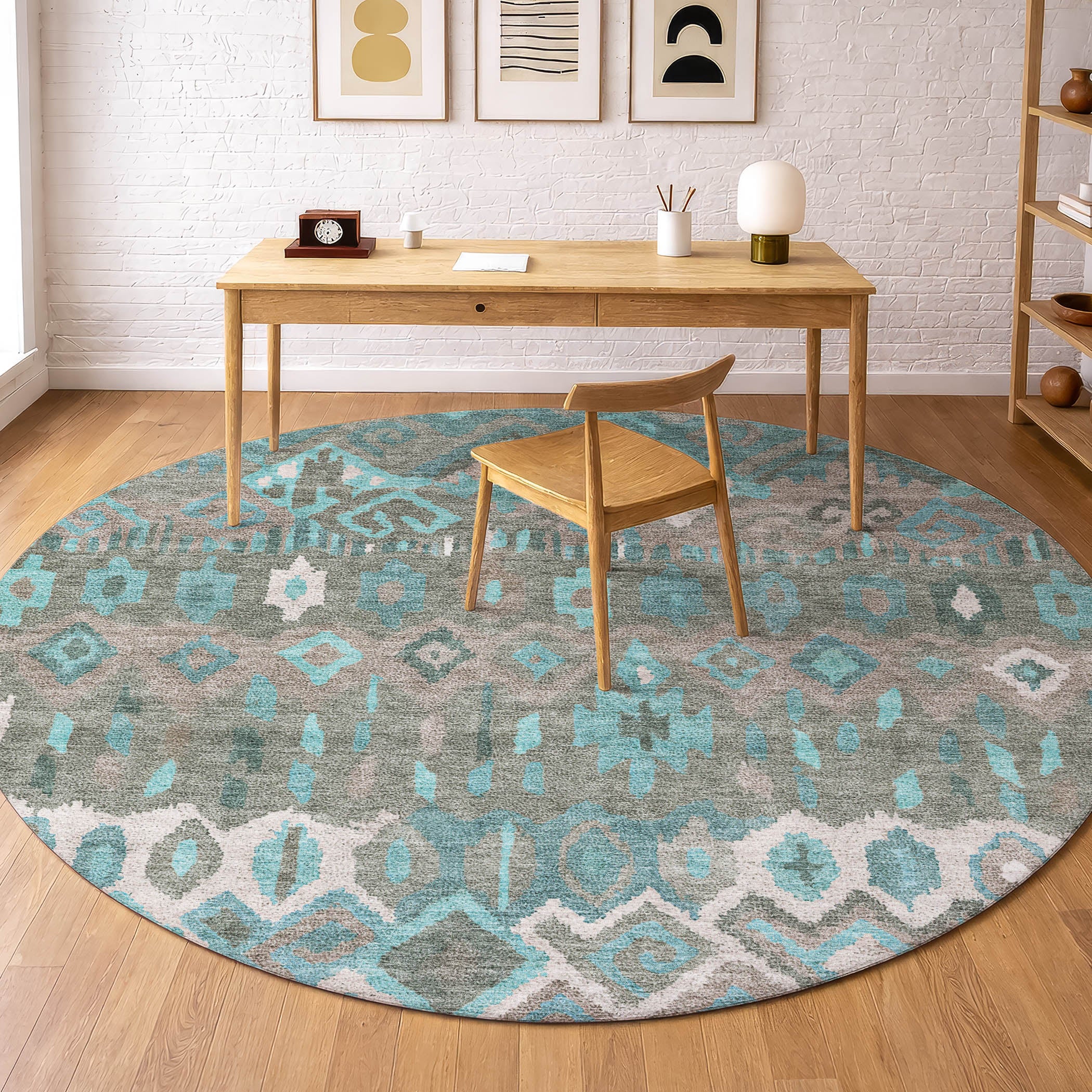 Dublin Machine Washable Transitional Teal Rug 8' x 8' #shape_Round