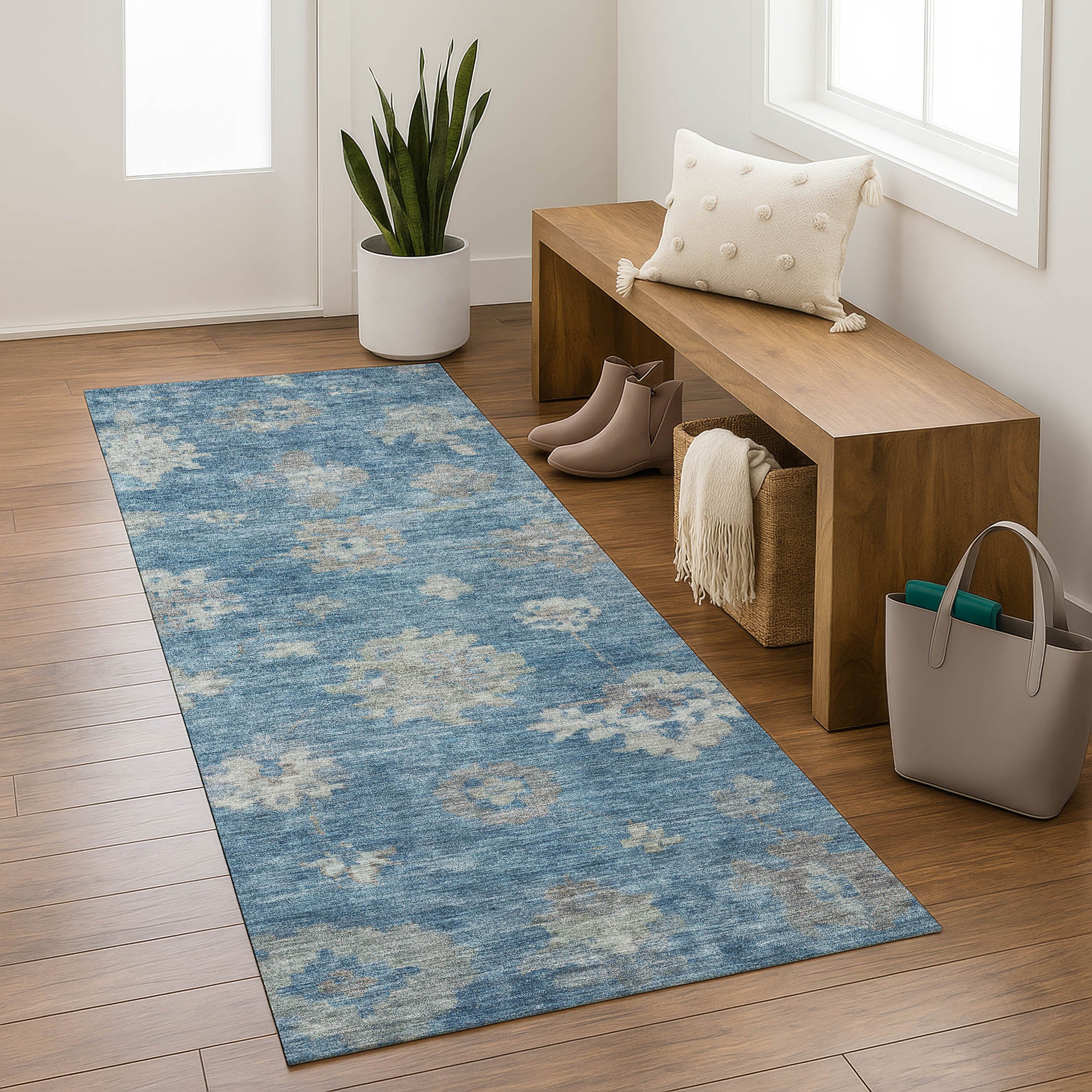 Mostar Machine Washable Traditional Denim Blue Rug 2'3" x 7'6" #shape_Runner