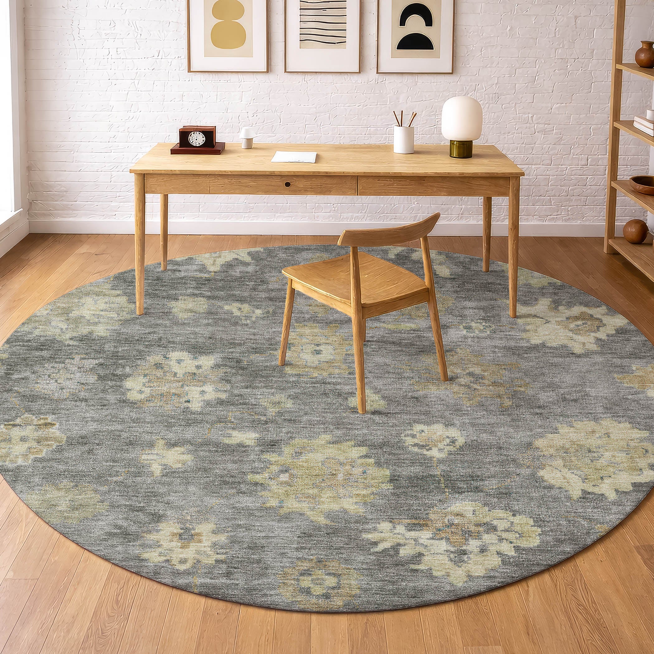 Mostar Machine Washable Traditional Pewter Gray Rug 8' x 8' #shape_Round
