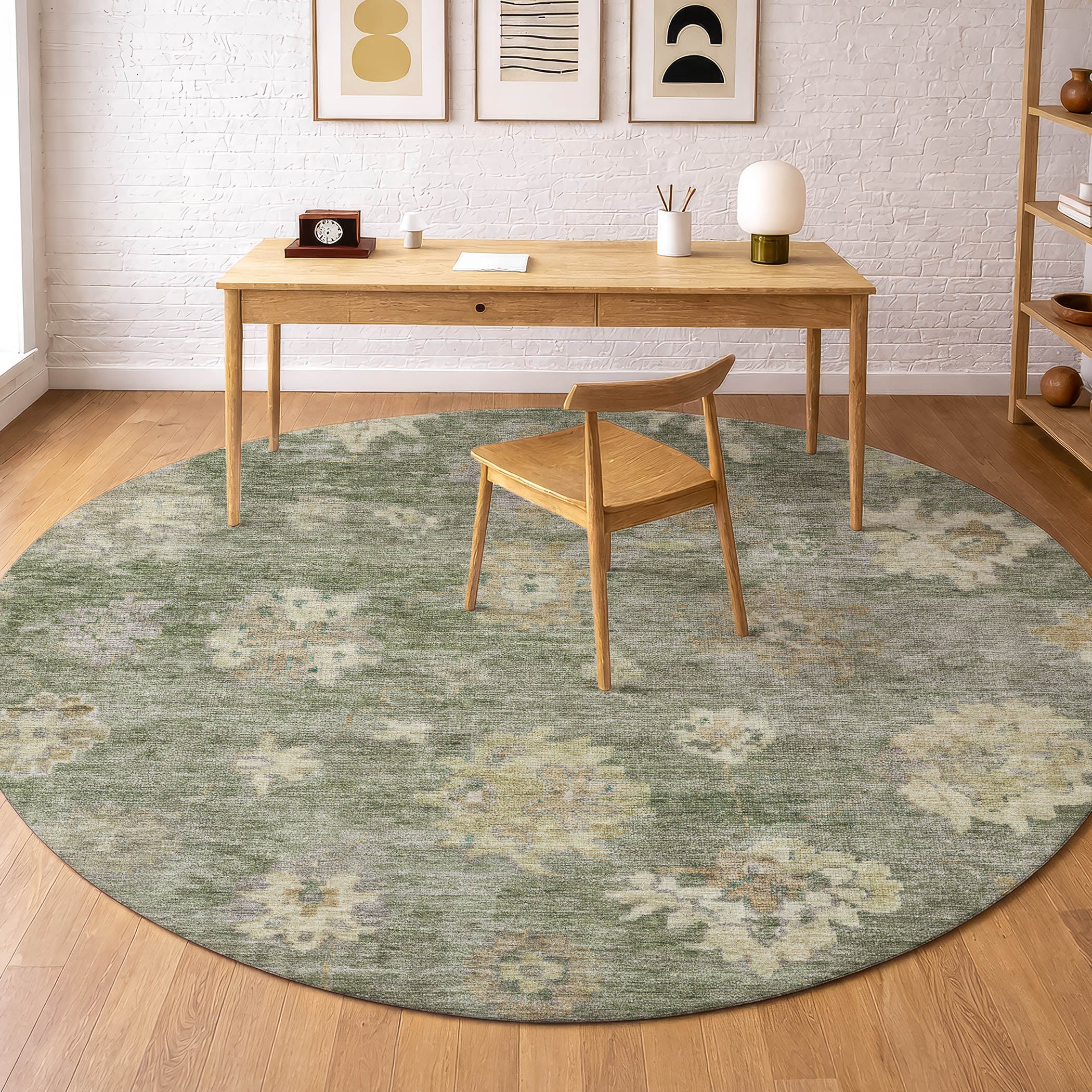 Mostar Machine Washable Traditional Sage Green Rug 8' x 8' #shape_Round