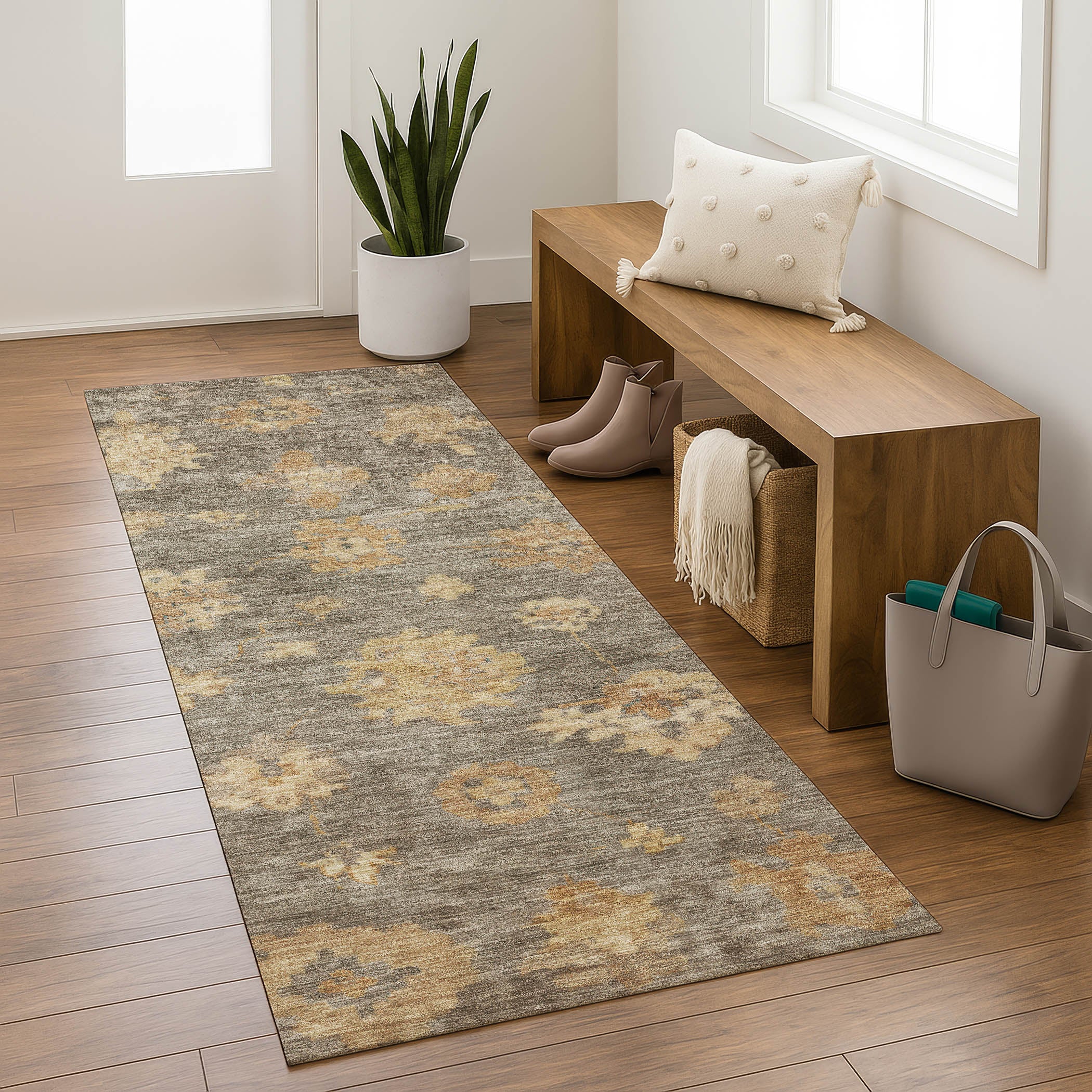 Mostar Machine Washable Traditional Taupe Brown Rug 2'3" x 7'6" #shape_Runner