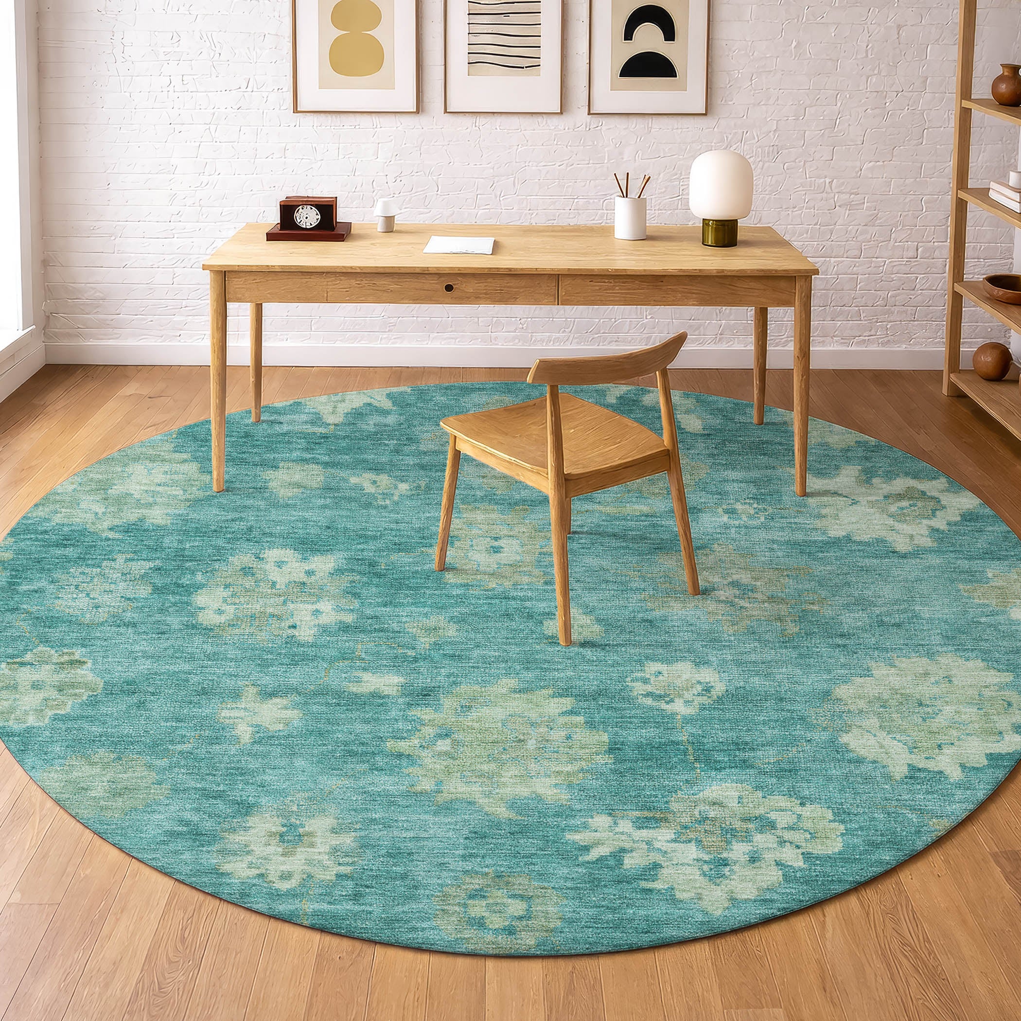Mostar Machine Washable Traditional Teal Rug 8' x 8' #shape_Round