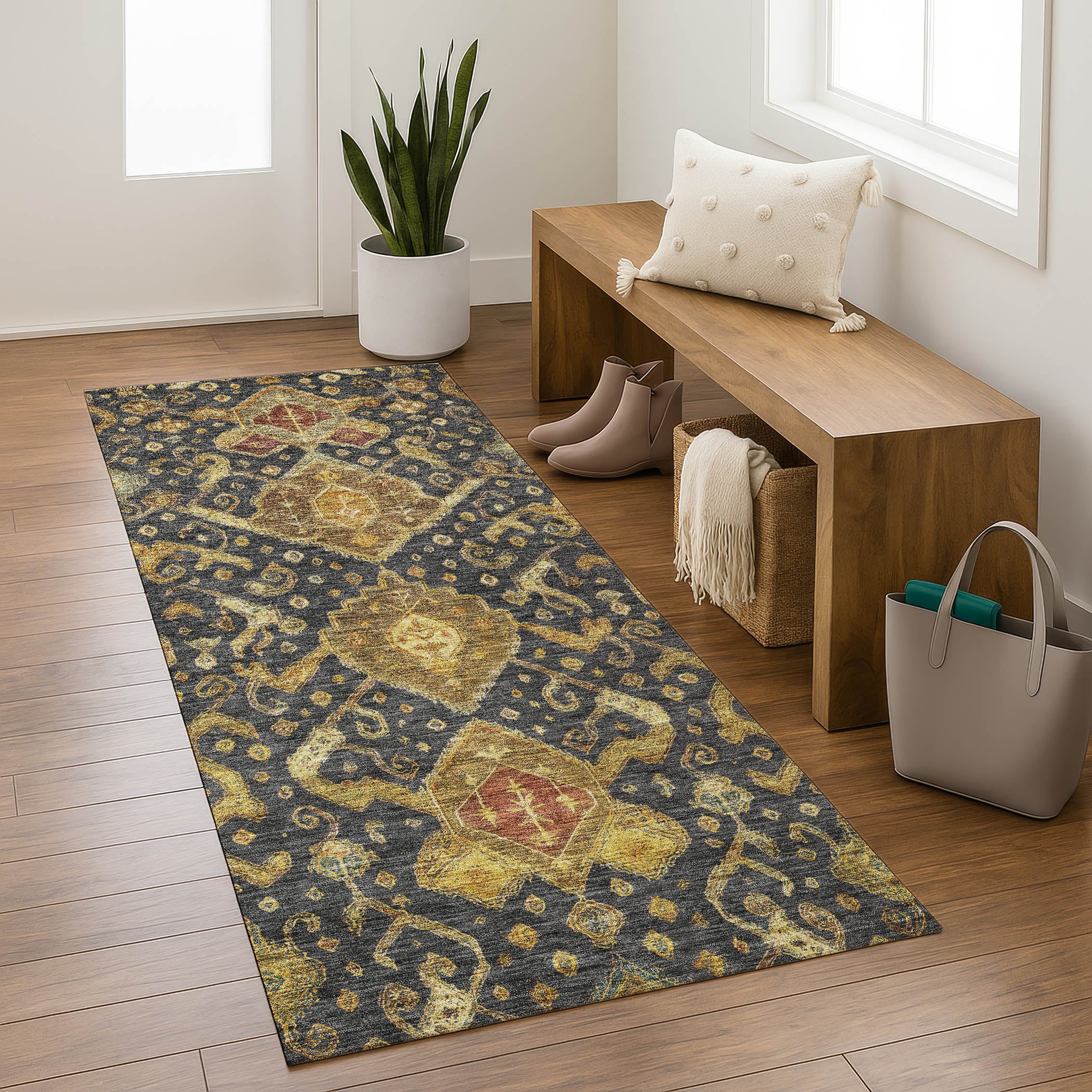 Salzburg Machine Washable Traditional Charcoal Gray Rug 2'3" x 7'6" #shape_Runner
