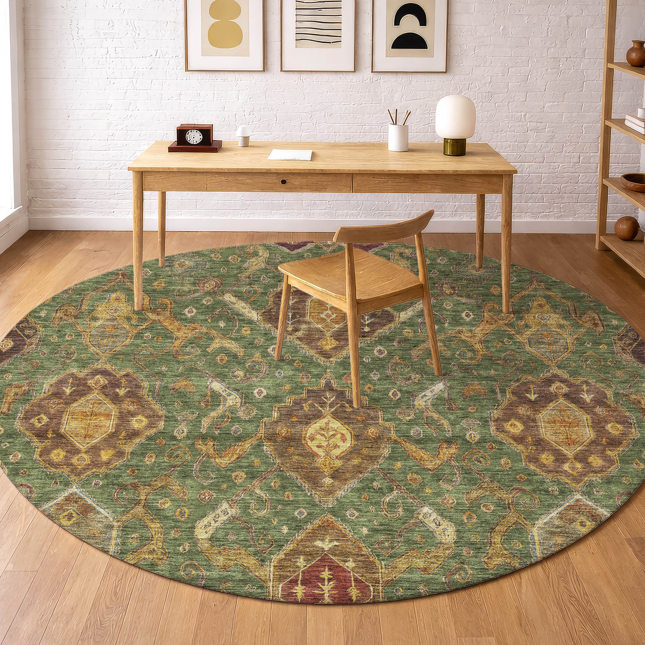 Salzburg Machine Washable Traditional Fern Green Rug 8' x 8' #shape_Round